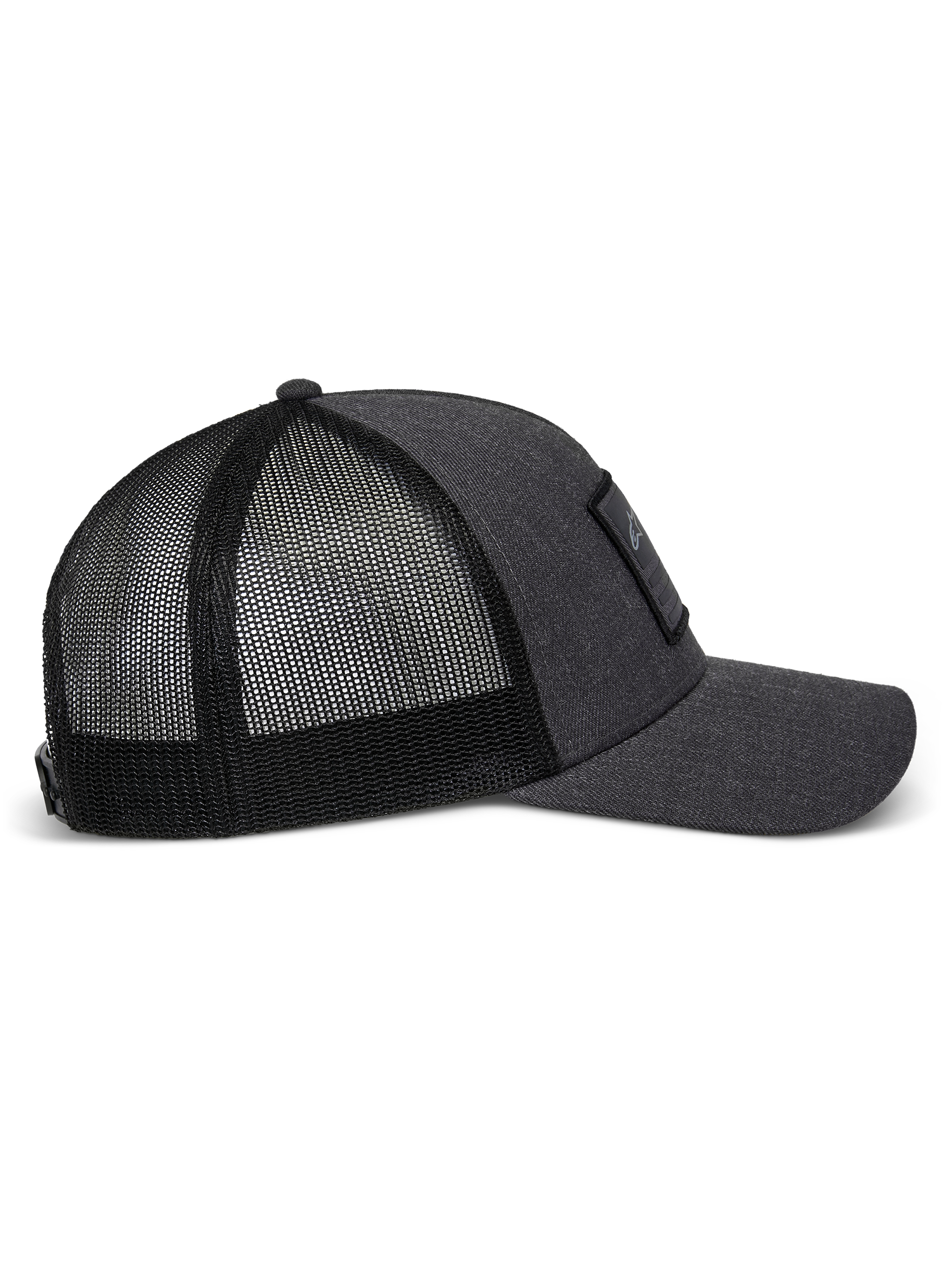 Czapka Alpinestars Flag Snapback w kolorze Charcoal Heather Black, widok z profilu prezentujący zakrzywiony daszek, usztywniony przedni panel z tkaniny twill z naszywką oraz oddychający tył z poliestrowej siatki.