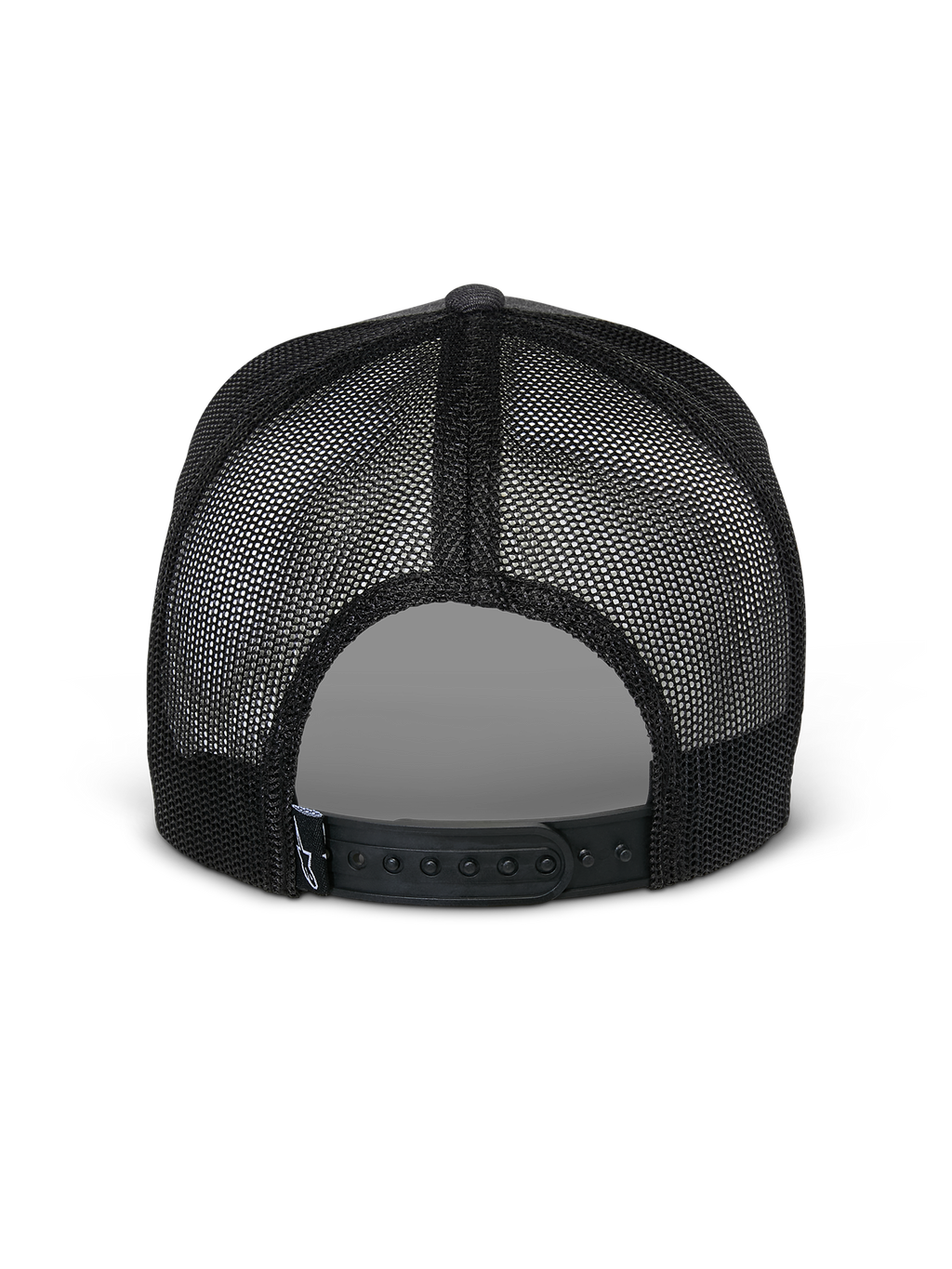 Alpinestars Flag Snapback Hat, widok z tyłu, kolor Charcoal Heather Black, z przewiewnymi czarnymi panelami z siatki i regulowanym zapięciem typu snapback, codzienna czapka inspirowana sportami motorowymi