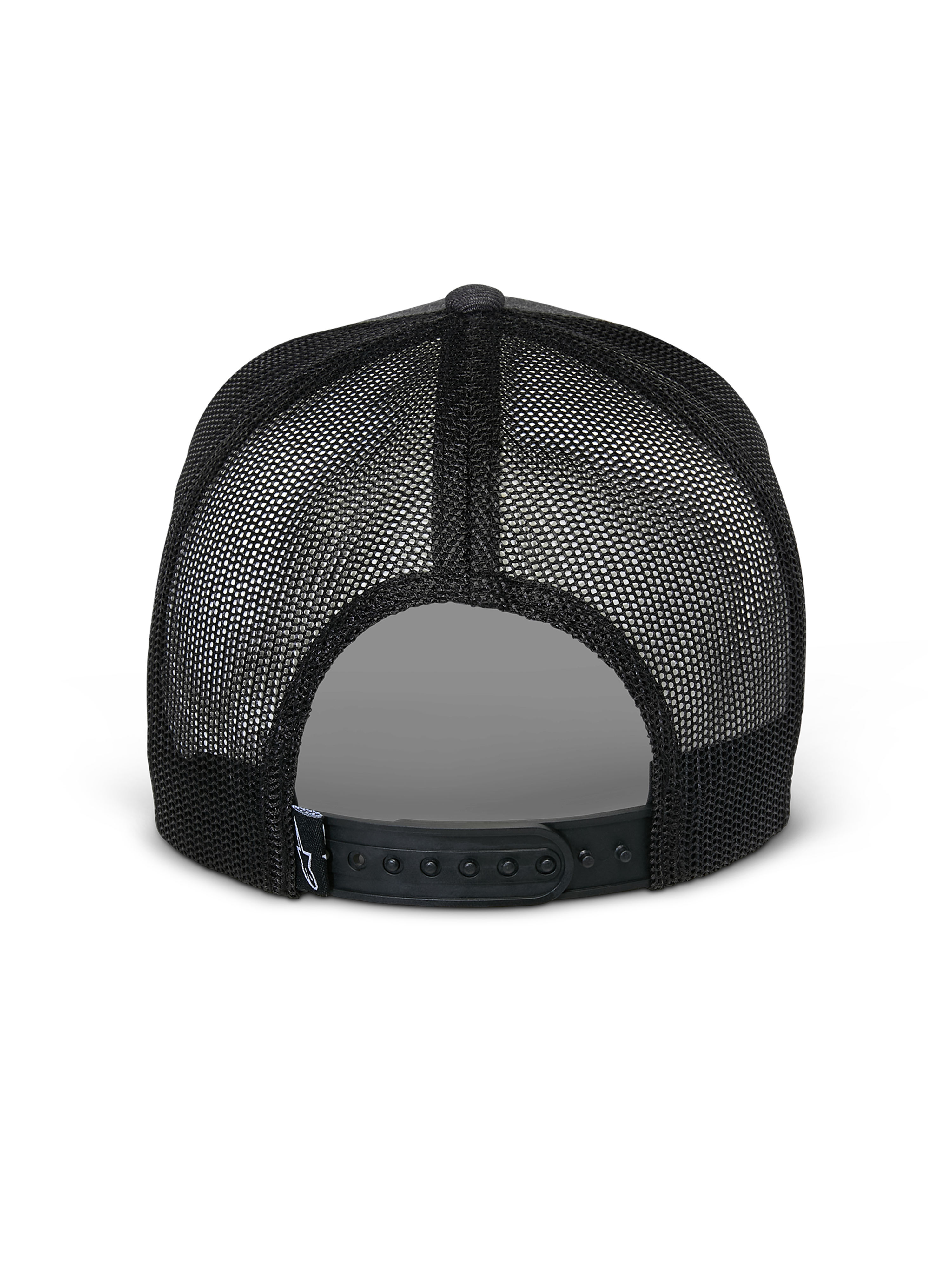 Alpinestars Flag Snapback Hat, widok z tyłu, kolor Charcoal Heather Black, z przewiewnymi czarnymi panelami z siatki i regulowanym zapięciem typu snapback, codzienna czapka inspirowana sportami motorowymi