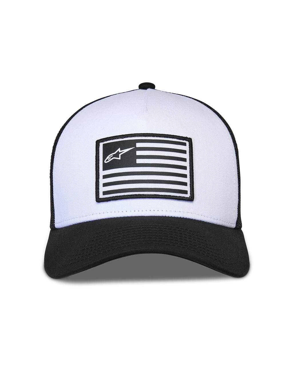 Czapka Alpinestars Flag Snapback, biało-czarna, usztywniona biała korona z czarnym zakrzywionym daszkiem i tyłem z siatki, centralna naszywka z flagą i logo Alpinestars, codzienne nakrycie głowy inspirowane sportami motorowymi