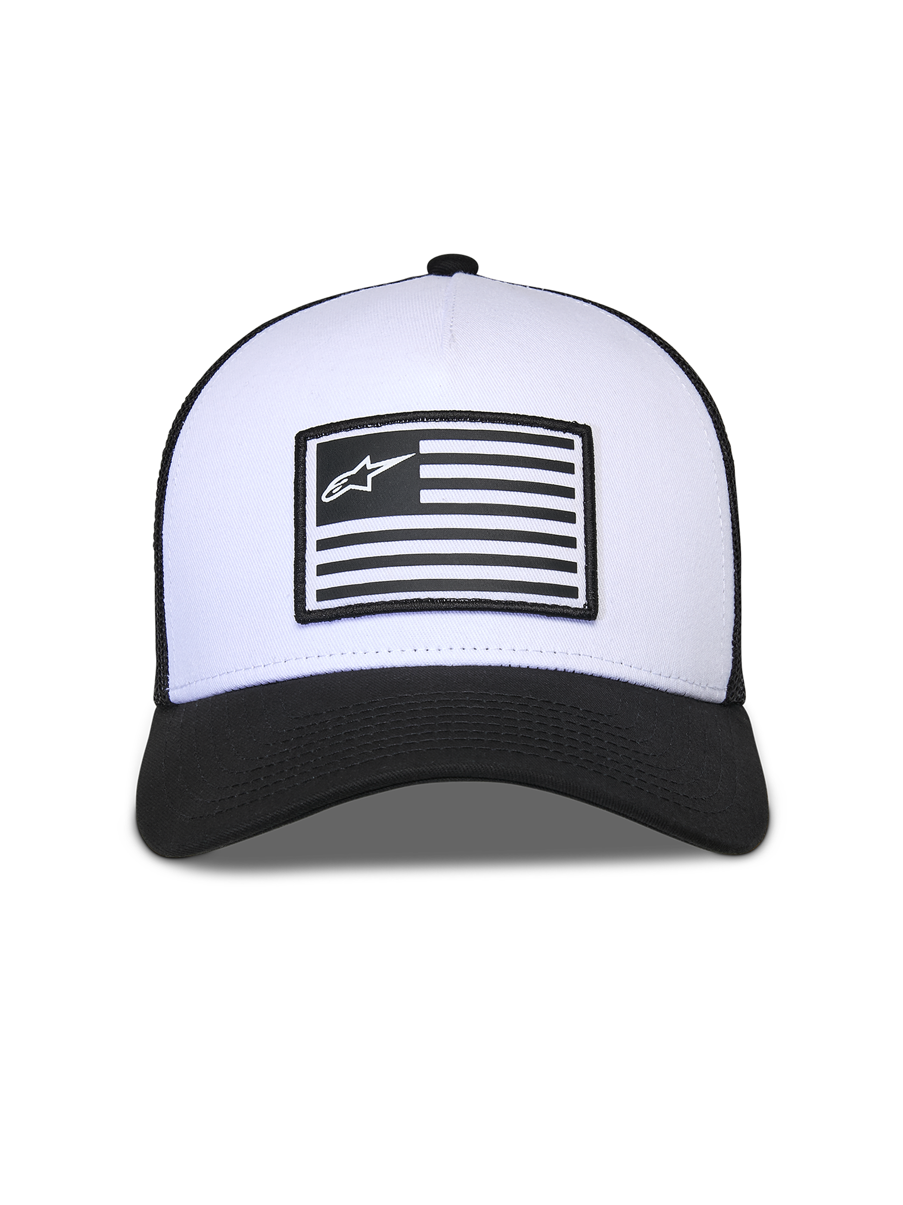 Czapka Alpinestars Flag Snapback, biało-czarna, usztywniona biała korona z czarnym zakrzywionym daszkiem i tyłem z siatki, centralna naszywka z flagą i logo Alpinestars, codzienne nakrycie głowy inspirowane sportami motorowymi