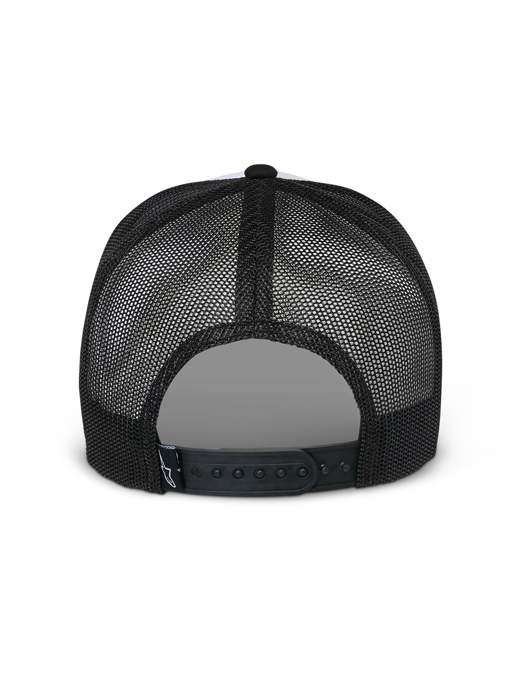 Czapka Alpinestars Flag Snapback, biało-czarna, widok z tyłu przedstawiający czarne panele z siatki i regulowane zapięcie snapback, codzienne nakrycie głowy w stylu motorsport