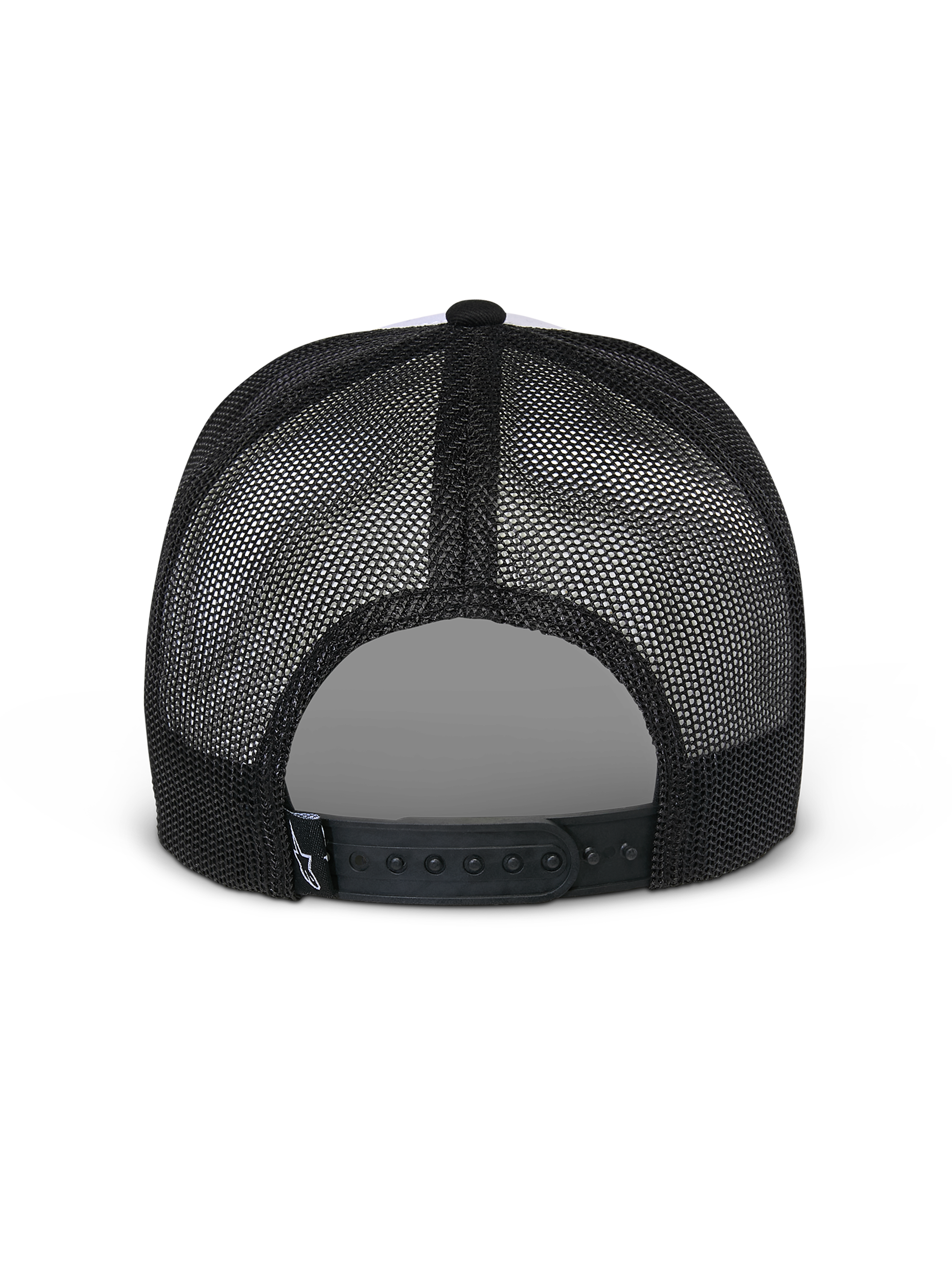 Czapka Alpinestars Flag Snapback, biało-czarna, widok z tyłu przedstawiający czarne panele z siatki i regulowane zapięcie snapback, codzienne nakrycie głowy w stylu motorsport