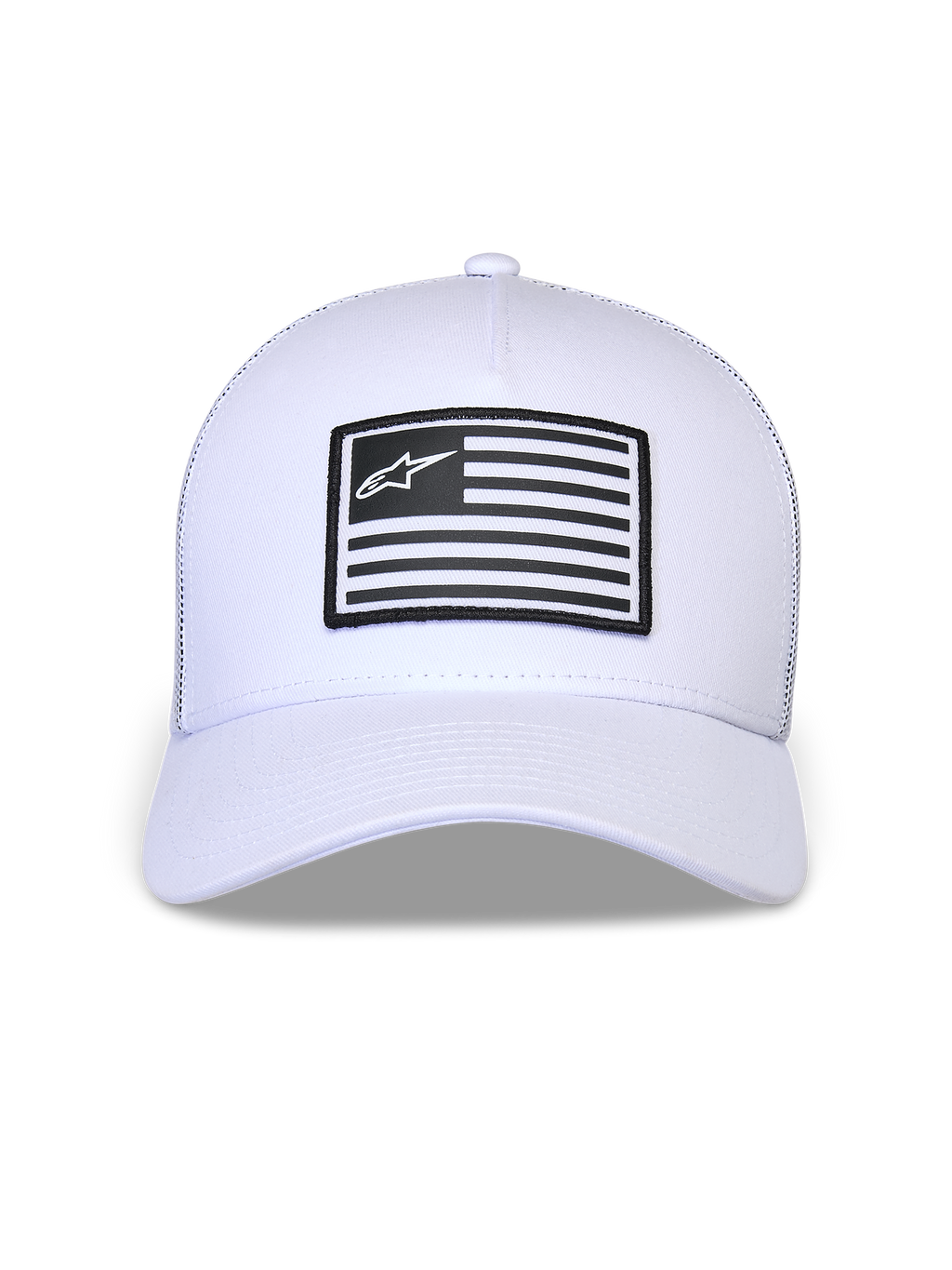 Czapka Alpinestars Flag Snapback, biała, usztywniona korona z zakrzywionym daszkiem, czarno-biała prostokątna naszywka z logo Alpinestars z przodu, codzienne nakrycie głowy inspirowane sportami motorowymi
