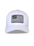 Czapka Alpinestars Flag Snapback, biała, usztywniona korona z zakrzywionym daszkiem, czarno-biała prostokątna naszywka z logo Alpinestars z przodu, codzienne nakrycie głowy inspirowane sportami motorowymi
