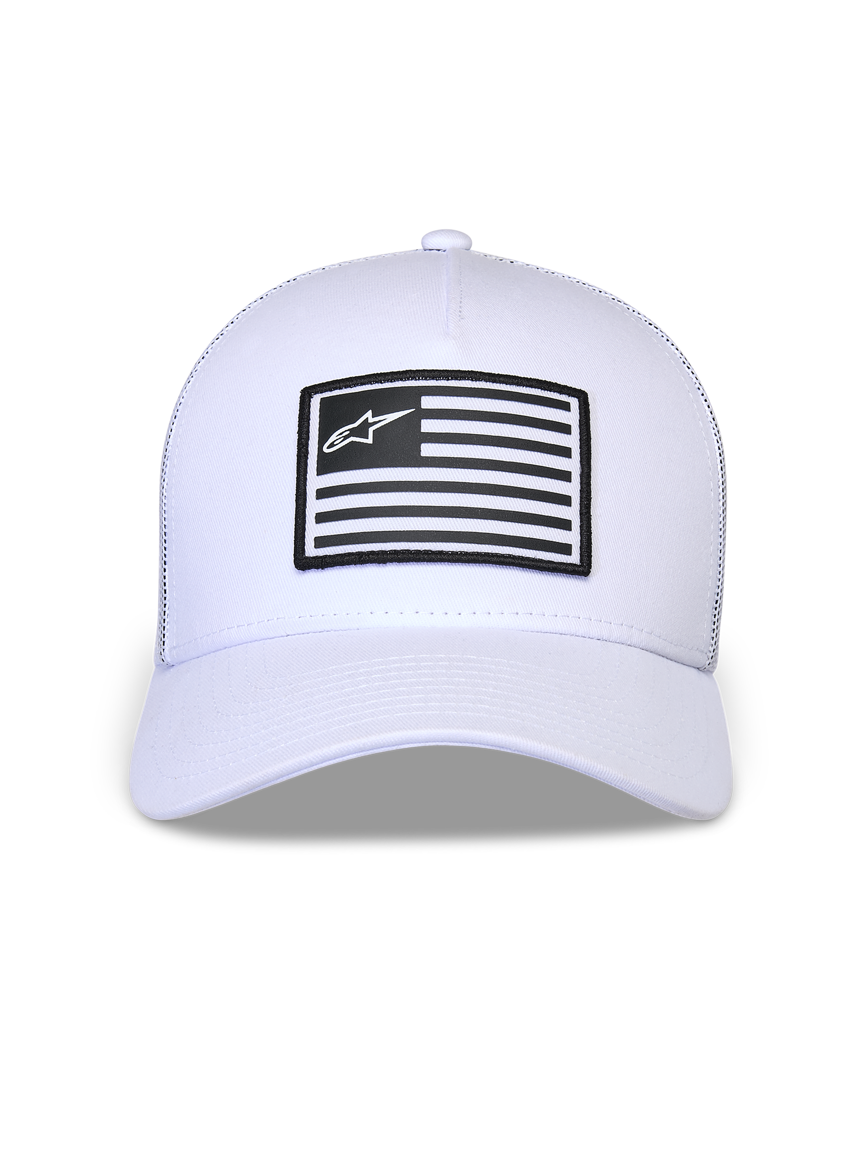 Czapka Alpinestars Flag Snapback, biała, usztywniona korona z zakrzywionym daszkiem, czarno-biała prostokątna naszywka z logo Alpinestars z przodu, codzienne nakrycie głowy inspirowane sportami motorowymi