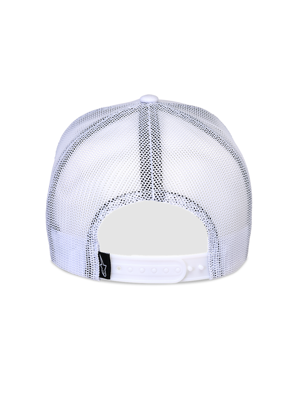 Alpinestars Flag Snapback Hat, biała czapka, widok z tyłu, oddychające panele z białej siatki, regulowane zapięcie snapback, mała czarna metka z logo, klasyczny fason typu trucker