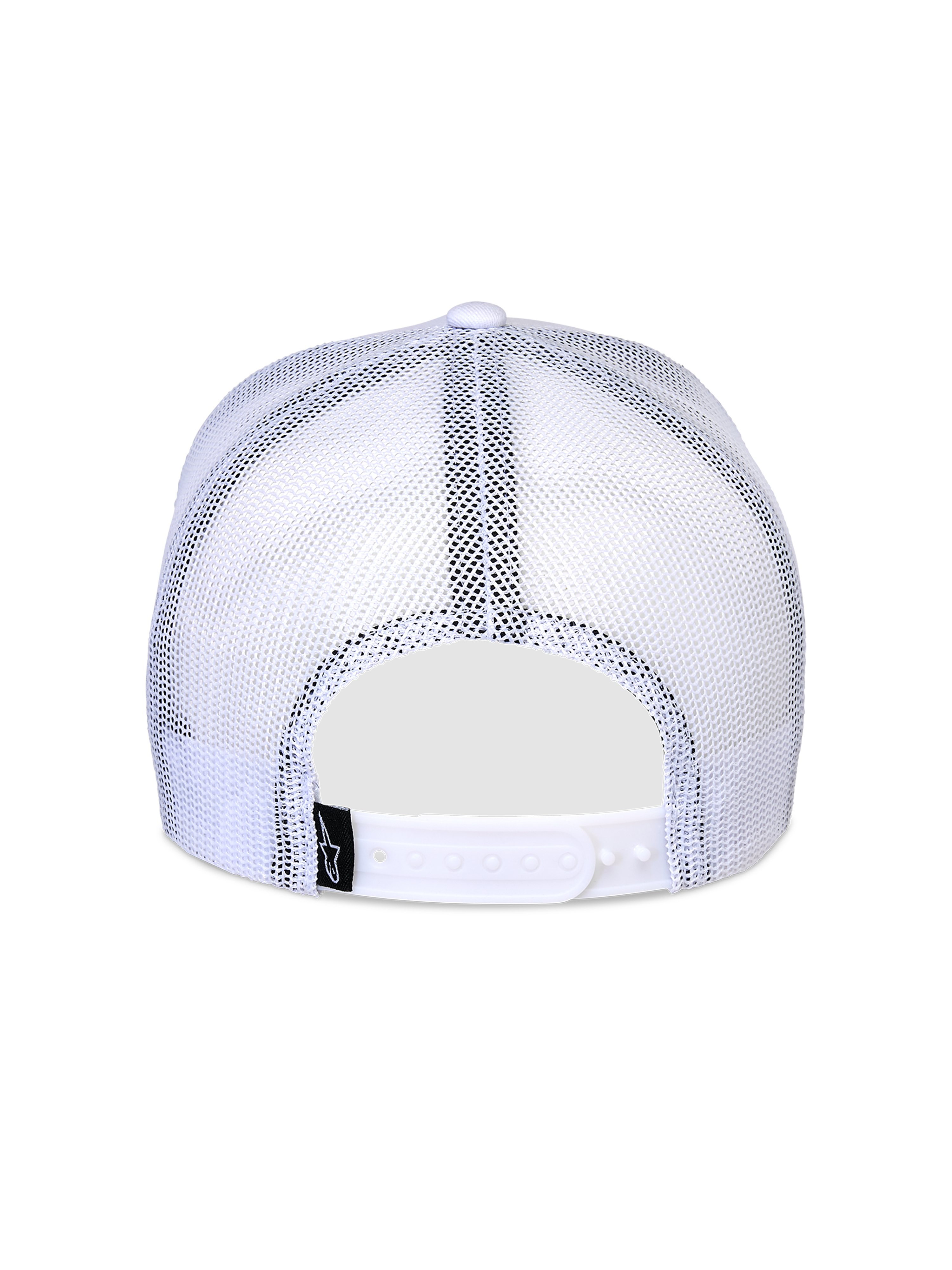 Alpinestars Flag Snapback Hat, biała czapka, widok z tyłu, oddychające panele z białej siatki, regulowane zapięcie snapback, mała czarna metka z logo, klasyczny fason typu trucker
