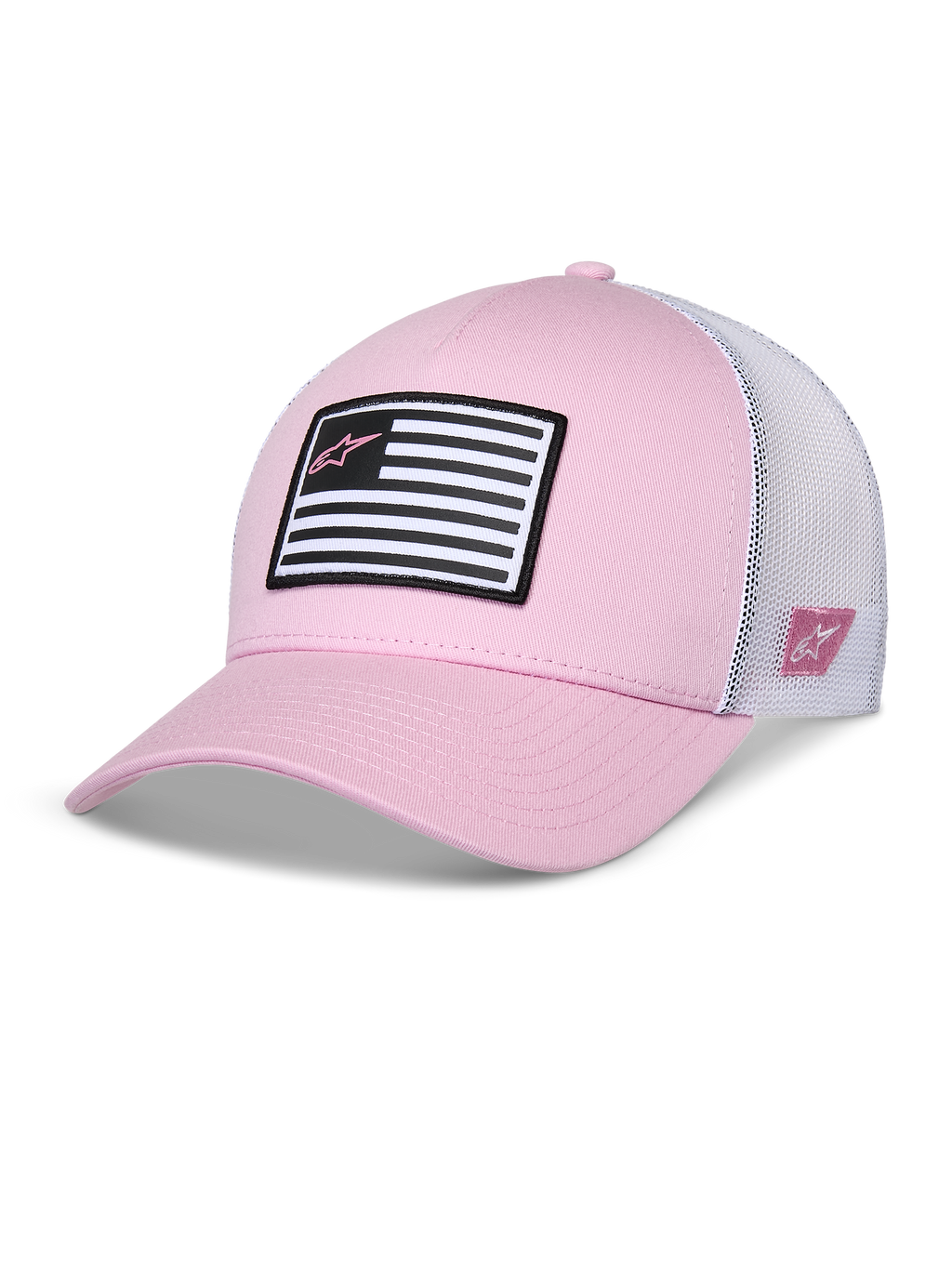 Czapka Alpinestars Flag Snapback, różowo-biała, zakrzywiony daszek z usztywnioną koroną, przód z tkaniny twill i biała siateczka z tyłu, czarno-biała naszywka z flagą i różowym logo Astars, codzienna odzież sportowa inspirowana sportami motorowymi