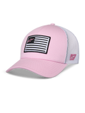 Czapka Alpinestars Flag Snapback, różowo-biała, zakrzywiony daszek z usztywnioną koroną, przód z tkaniny twill i biała siateczka z tyłu, czarno-biała naszywka z flagą i różowym logo Astars, codzienna odzież sportowa inspirowana sportami motorowymi