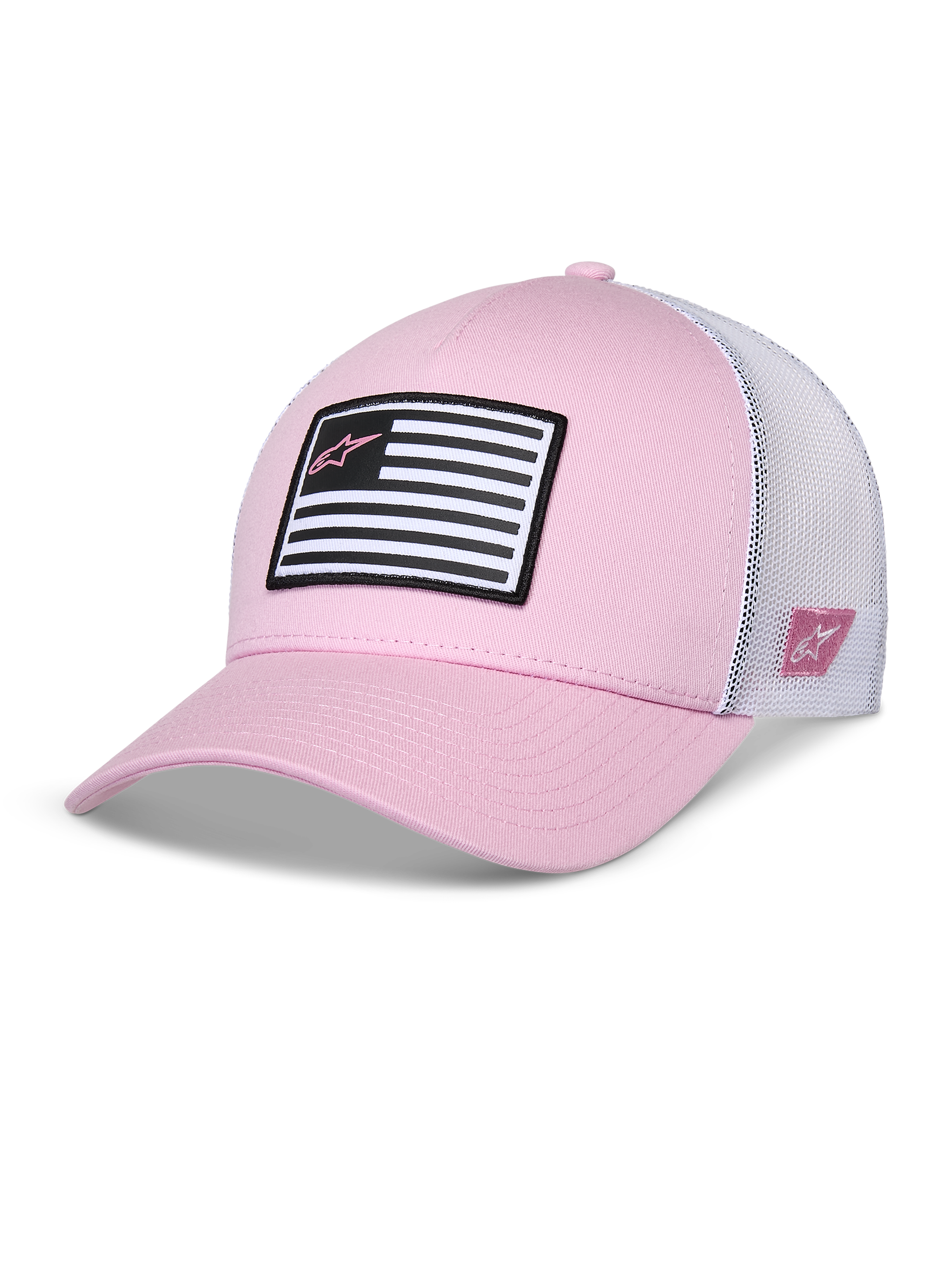 Czapka Alpinestars Flag Snapback, różowo-biała, zakrzywiony daszek z usztywnioną koroną, przód z tkaniny twill i biała siateczka z tyłu, czarno-biała naszywka z flagą i różowym logo Astars, codzienna odzież sportowa inspirowana sportami motorowymi