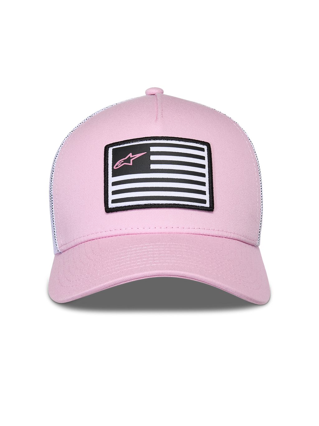 Alpinestars Flag Snapback Hat, różowo-biała czapka z daszkiem, różowy przód z twillu i biały tył z siateczki, zakrzywiony daszek, naszywka z motywem flagi i różowym logo Astars, codzienny streetwear w stylu motorsportowym