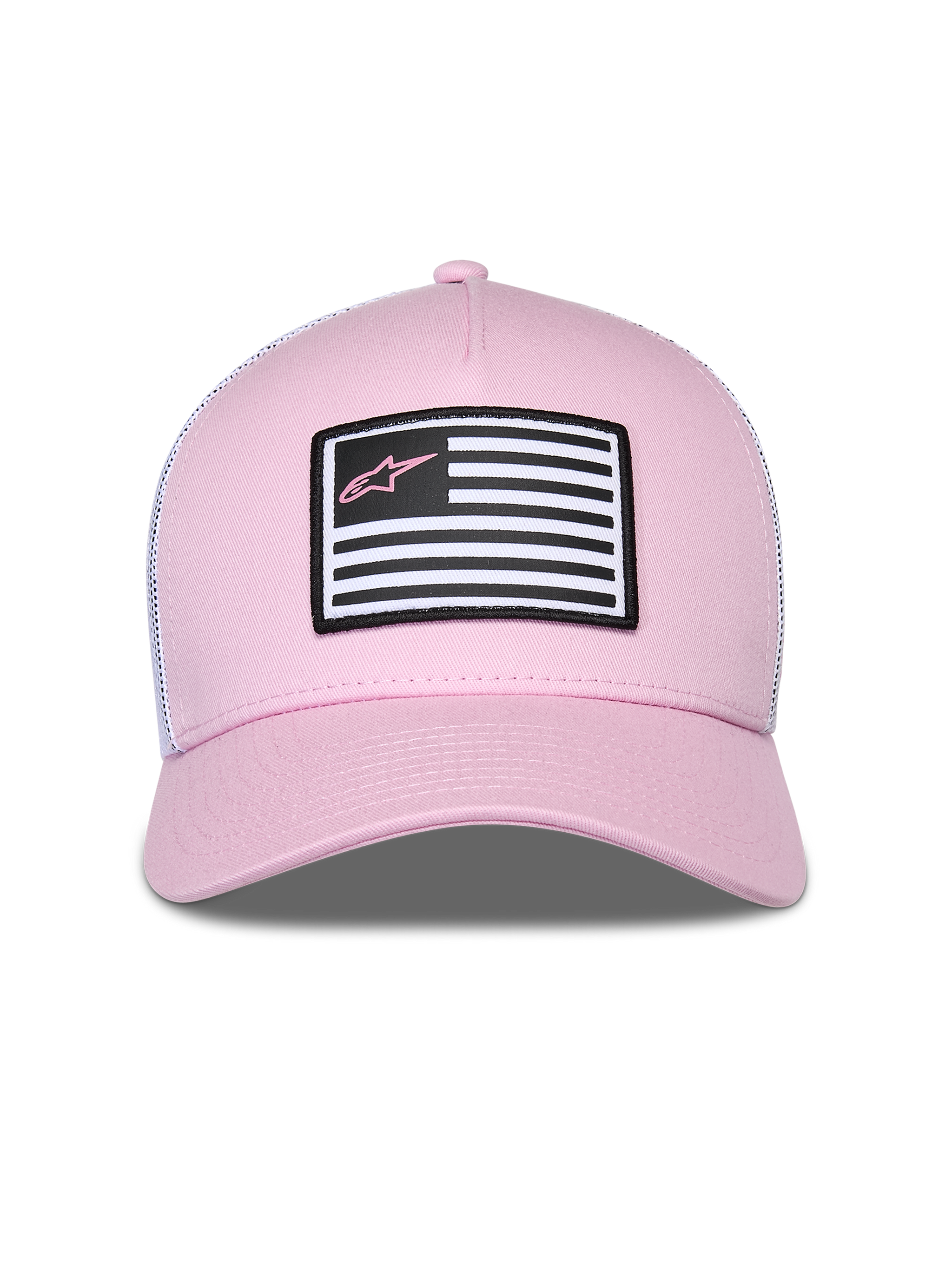 Alpinestars Flag Snapback Hat, Pink and White, featuring a pink twill front and white mesh back, curved bill, front patch with flag design and pink Astars logo, casual motorsport streetwear