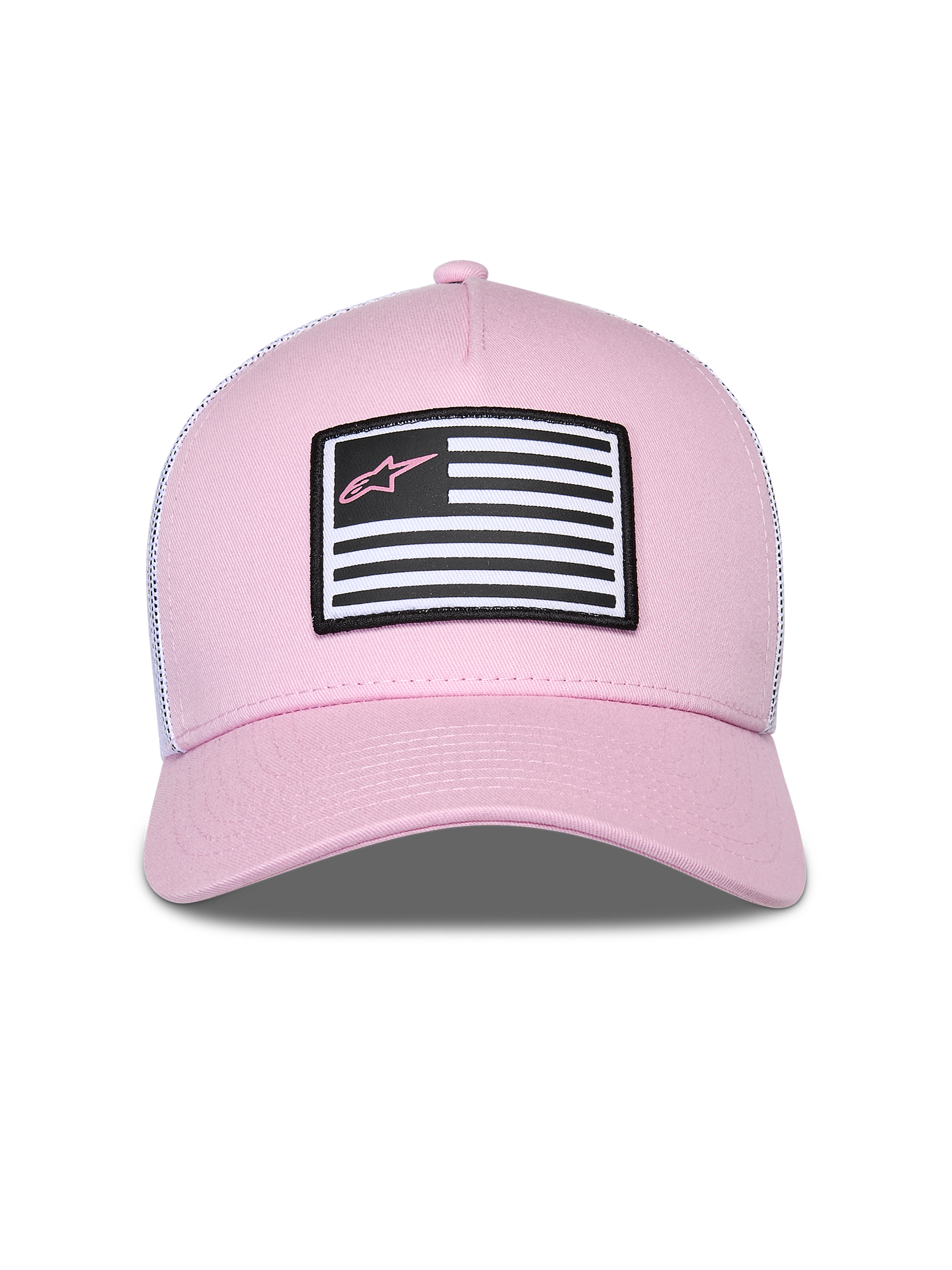 Alpinestars Flag Snapback Hat, różowo-biała czapka z daszkiem, różowy przód z twillu i biały tył z siateczki, zakrzywiony daszek, naszywka z motywem flagi i różowym logo Astars, codzienny streetwear w stylu motorsportowym
