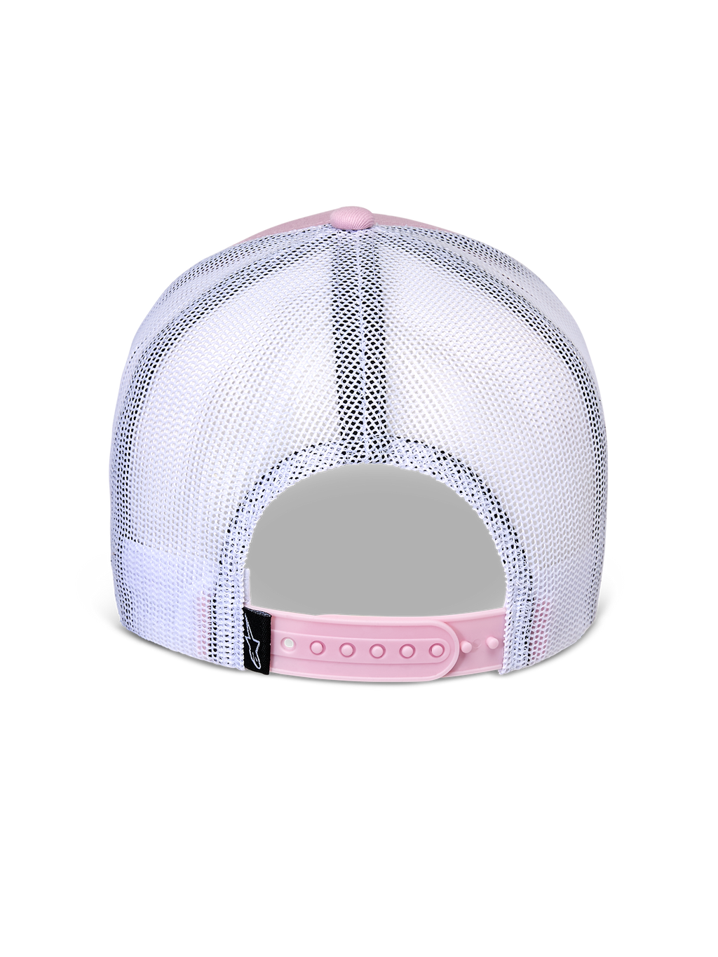 Czapka Alpinestars Flag Snapback, widok z tyłu, różowo-biała, przewiewne białe panele z siateczki z różowym regulowanym zapięciem snapback, mała czarna metka z logo Alpinestars, codzienne nakrycie głowy inspirowane sportami motorowymi