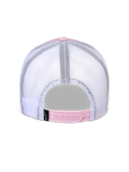 Czapka Alpinestars Flag Snapback, widok z tyłu, różowo-biała, przewiewne białe panele z siateczki z różowym regulowanym zapięciem snapback, mała czarna metka z logo Alpinestars, codzienne nakrycie głowy inspirowane sportami motorowymi