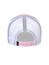 Alpinestars Flag Snapback Hat, back view, Pink and White, breathable white mesh panels with pink adjustable snapback closure, small black Alpinestars logo label, casual motorsport-inspired headwear