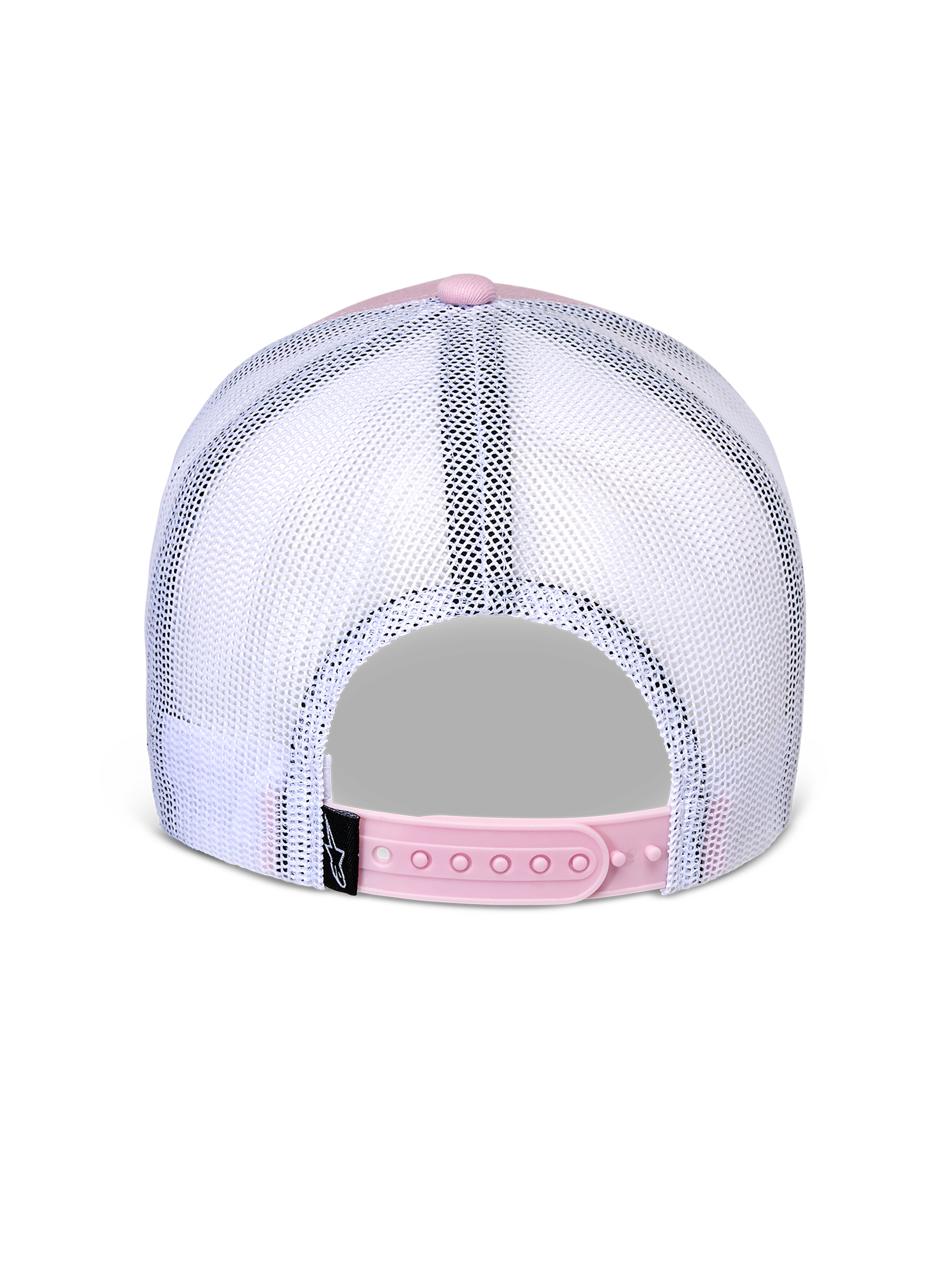 Czapka Alpinestars Flag Snapback, widok z tyłu, różowo-biała, przewiewne białe panele z siateczki z różowym regulowanym zapięciem snapback, mała czarna metka z logo Alpinestars, codzienne nakrycie głowy inspirowane sportami motorowymi
