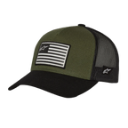 Czapka Alpinestars Flag Snapback, Military Black, oliwkowa góra z czarnym zakrzywionym daszkiem i siateczkowym tyłem, z przodu naszywka z flagą i logo, sportowy design