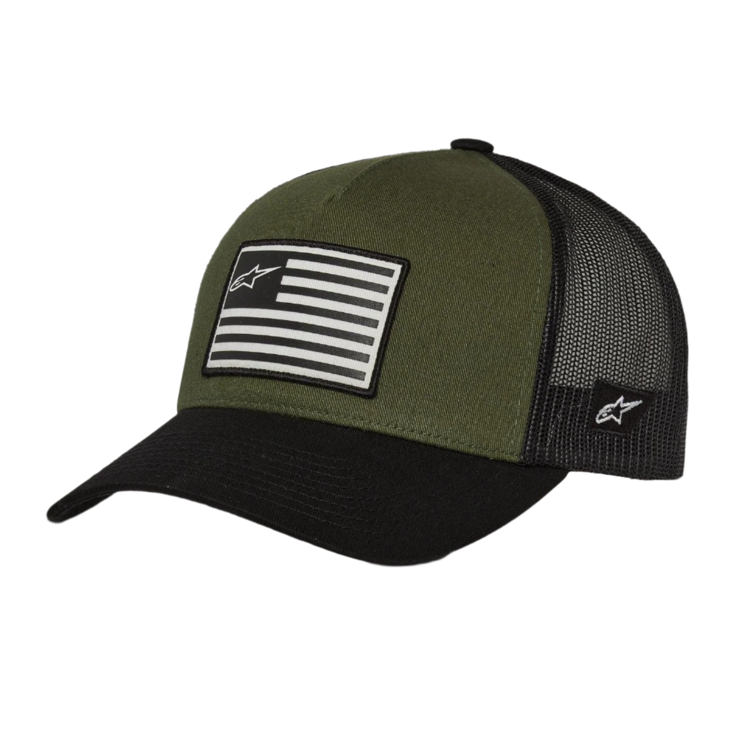 Czapka Alpinestars Flag Snapback, Military Black, oliwkowa góra z czarnym zakrzywionym daszkiem i siateczkowym tyłem, z przodu naszywka z flagą i logo, sportowy design