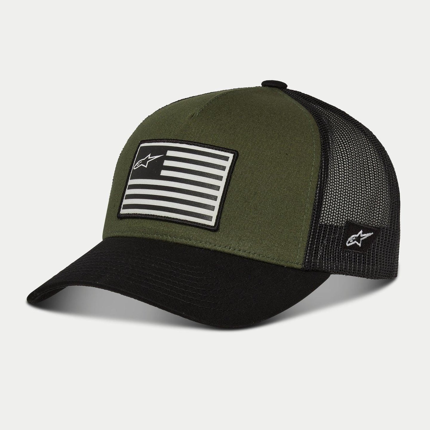 Alpinestars Flag Snapback Hat, Military Black, olive green front panel with black curved bill and black mesh back, featuring a front flag patch with logo and side embroidery, casual motorsport-inspired streetwear