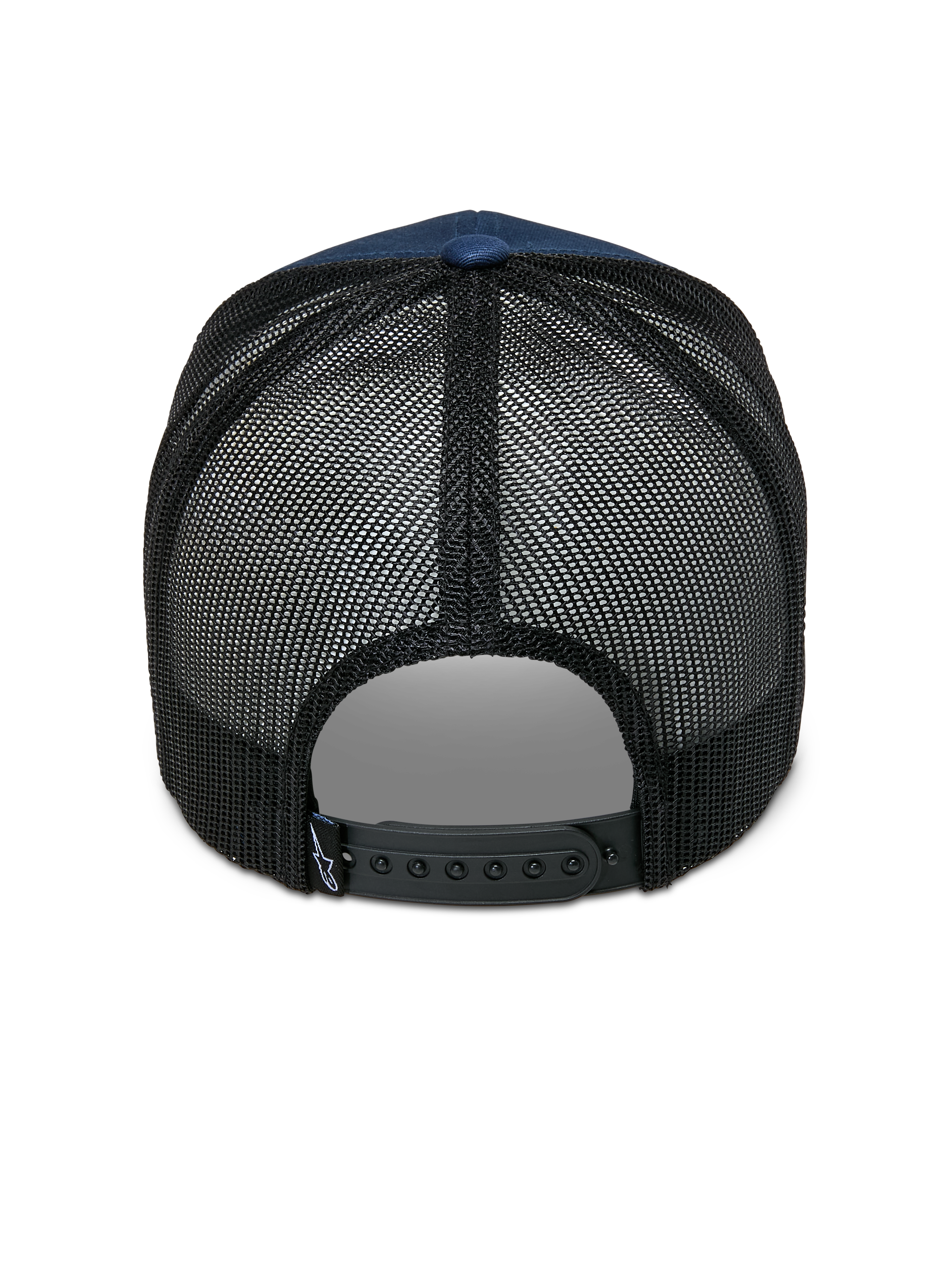 Alpinestars Cali 2.0 Hat, granatowo-czarna, widok z tyłu z oddychającą siatką poliestrową, regulowane czarne zapięcie typu snapback i mała metka z logo, fason typu trucker