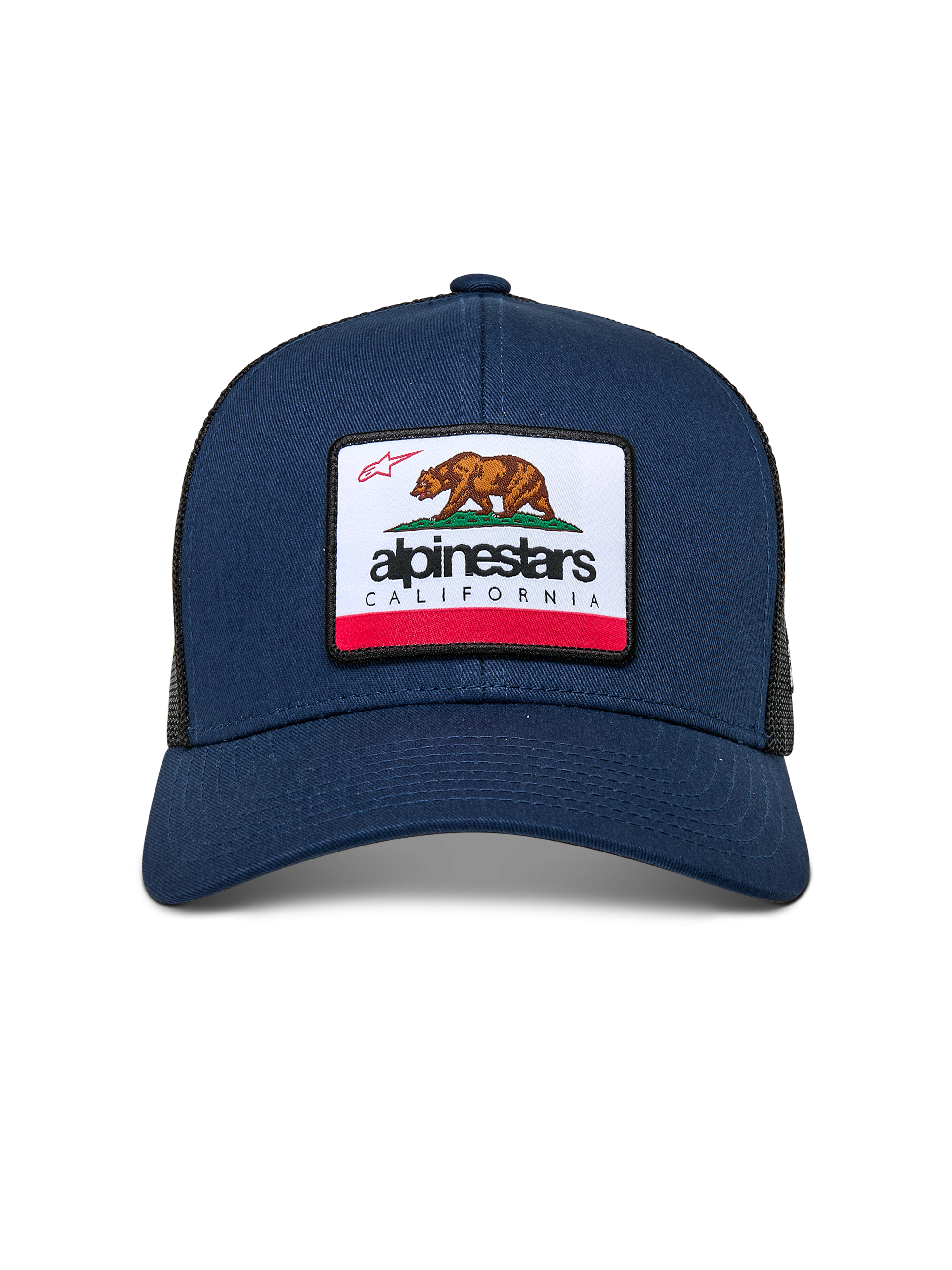 Alpinestars Cali 2.0 Hat, granatowa, tkana naszywka merrow z niedźwiedziem kalifornijskim i brandingiem Alpinestars, zakrzywiony daszek, usztywniona korona z tyłem z poliestrowej siatki, casualowy styl motorsportowy