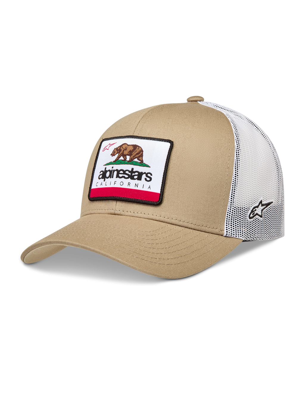 Alpinestars Cali 2.0, czapka z daszkiem typu trucker, piaskowa i biała, siatkowy tył, naszywka z niedźwiedziem California.