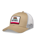 Alpinestars Cali 2.0, czapka z daszkiem typu trucker, piaskowa i biała, siatkowy tył, naszywka z niedźwiedziem California.