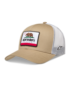 Alpinestars Cali 2.0, czapka z daszkiem typu trucker, piaskowa i biała, siatkowy tył, naszywka z niedźwiedziem California.