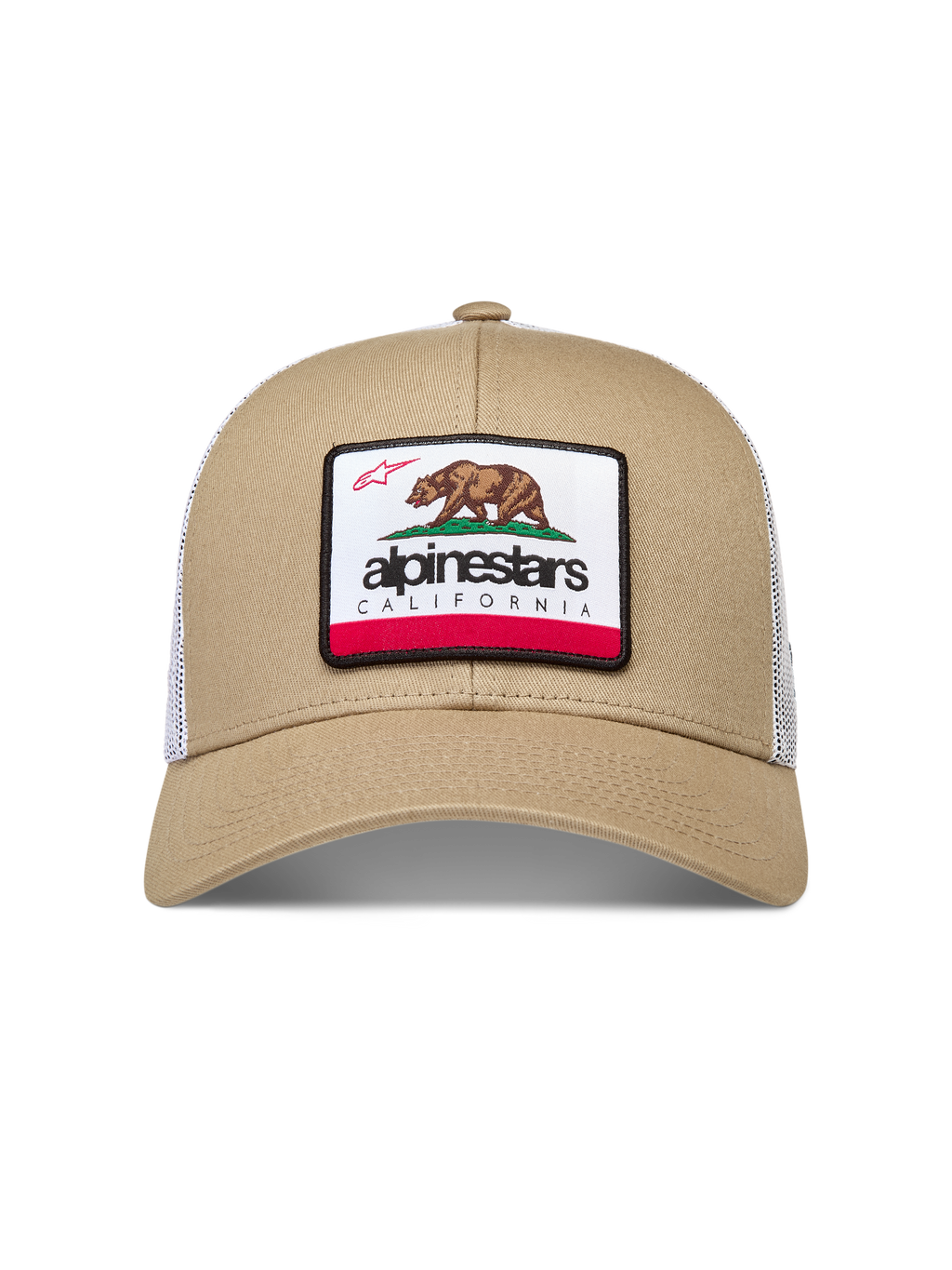 Alpinestars Cali 2.0 kapelusz, czapka snapback z daszkiem, piaskowa z białą siatką i naszywką z niedźwiedziem California.