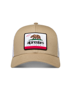 Alpinestars Cali 2.0 kapelusz, czapka snapback z daszkiem, piaskowa z białą siatką i naszywką z niedźwiedziem California.