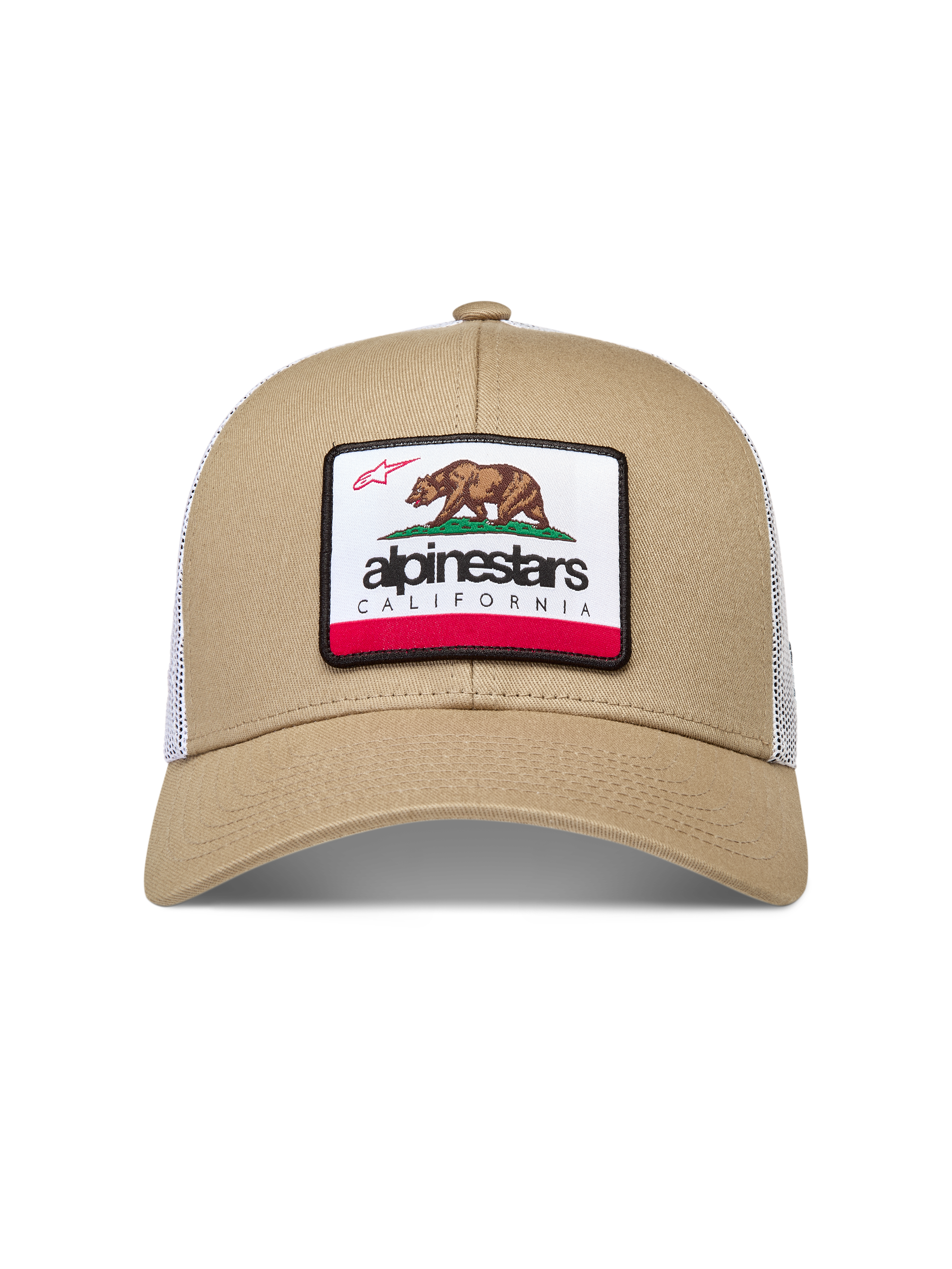 Alpinestars Cali 2.0 kapelusz, czapka snapback z daszkiem, piaskowa z białą siatką i naszywką z niedźwiedziem California.
