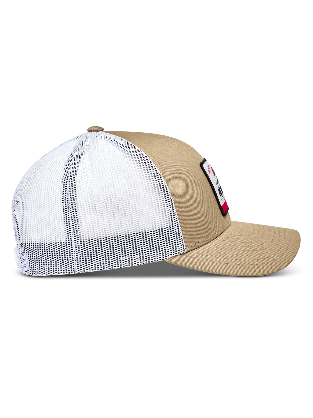 Alpinestars Cali 2.0, czapka z daszkiem typu trucker, piaskowa i biała, usztywniona korona, zakrzywiony daszek i biała siatka, odzież sportowa.