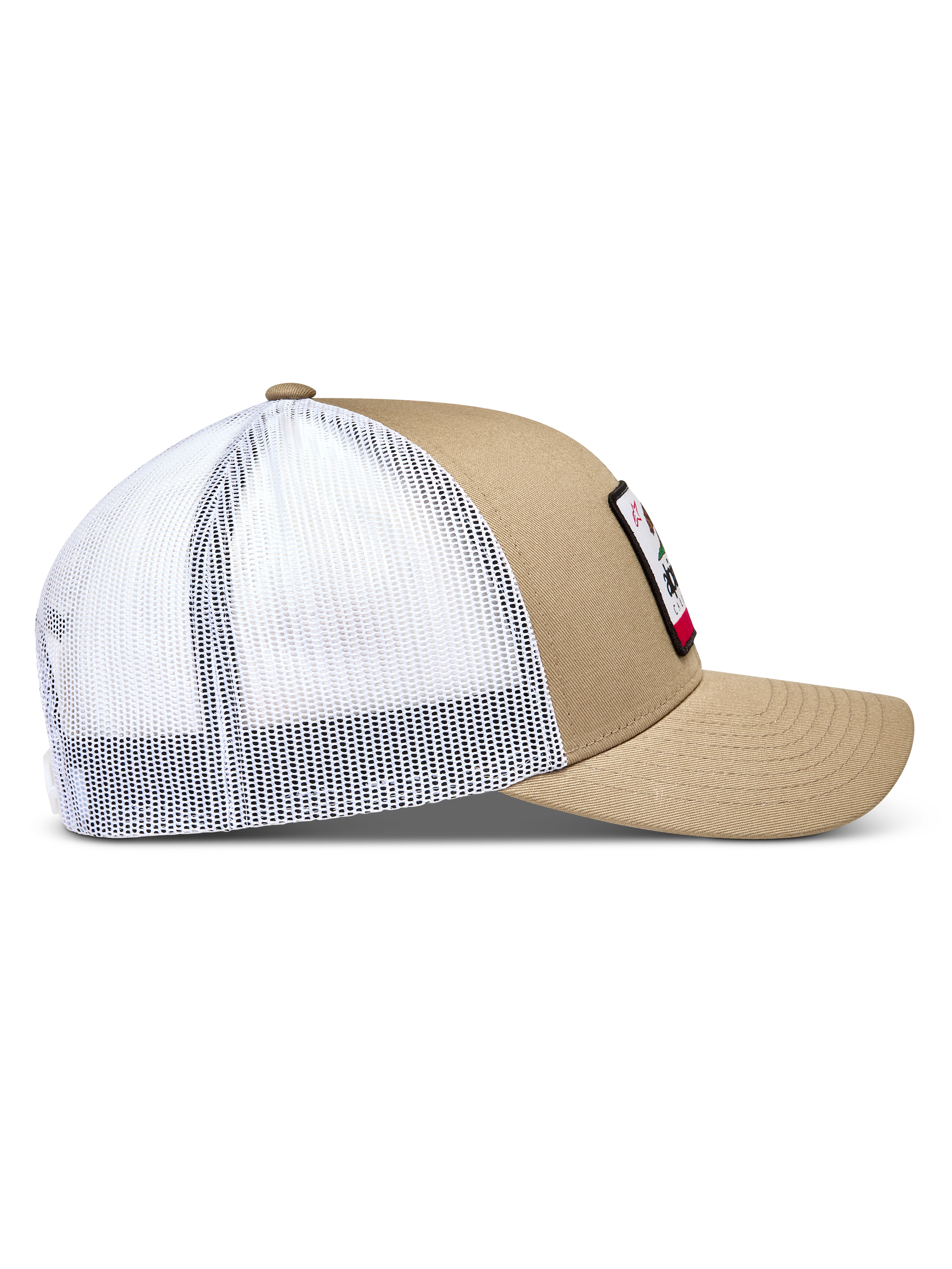 Alpinestars Cali 2.0, czapka z daszkiem typu trucker, piaskowa i biała, usztywniona korona, zakrzywiony daszek i biała siatka, odzież sportowa.