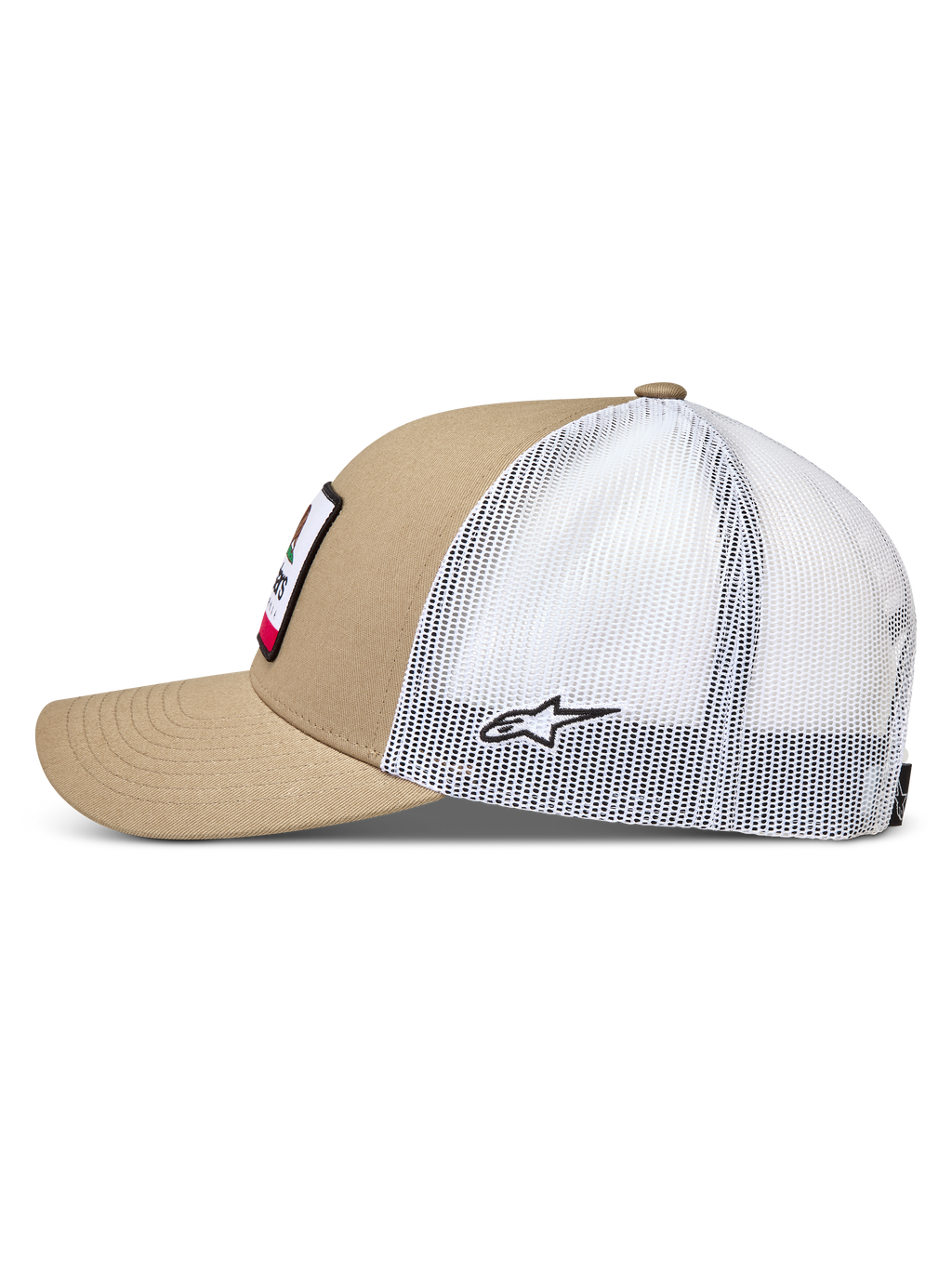 Alpinestars Cali 2.0 Hat, czapka z daszkiem typu trucker, piaskowa i biała, siateczkowy tył i zakrzywiony daszek.