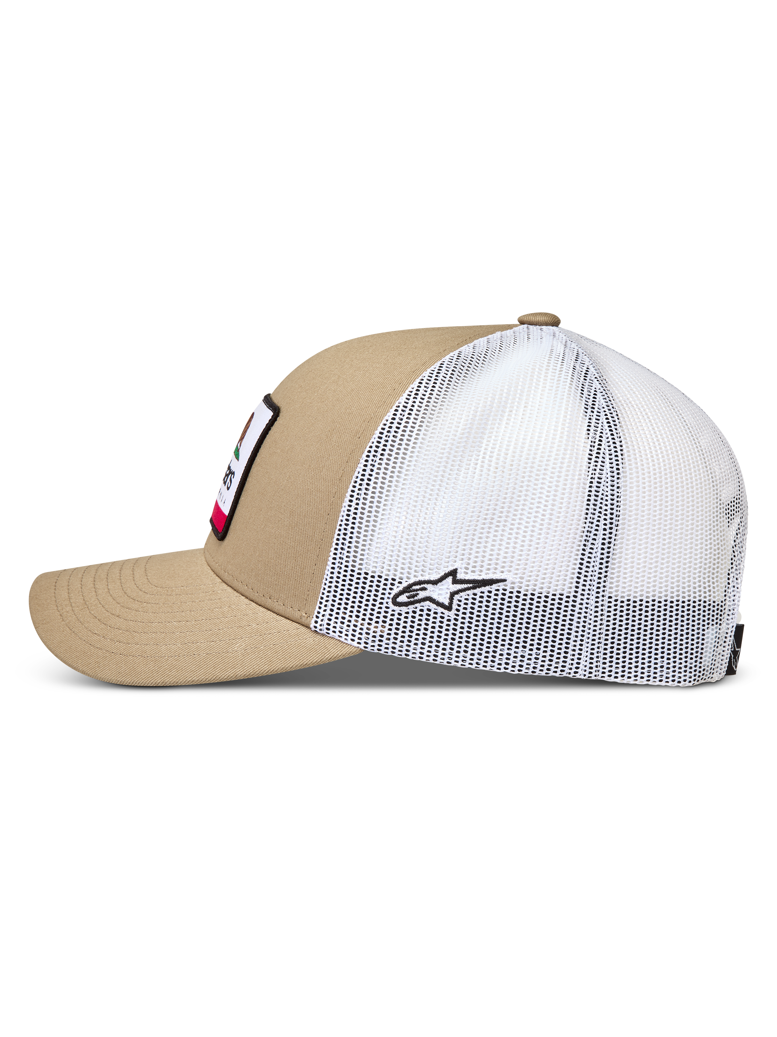 Alpinestars Cali 2.0 Hat, czapka z daszkiem typu trucker, piaskowa i biała, siateczkowy tył i zakrzywiony daszek.