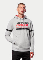 Alpinestars Club Hoodie, codzienna odzież streetwear, szary melanż z kapturem z czerwoną dżersejową podszewką, grafika ASTARS RACING AHEAD, czarne poziome paski na klatce piersiowej i rękawach, polarowa bluza inspirowana sportami motorowymi