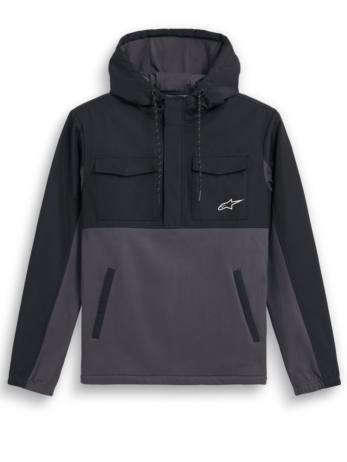 Kurtka Alpinestars Juncture Hybrid, anorak z kapturem, czarny i gunmetal, konstrukcja z mieszanych materiałów z nakładką ripstop na karczku i kapturze, korpus z polaru płóciennego, kieszenie na piersi z klapkami, dolne kieszenie wpuszczane, małe białe logo gwiazdy, casualowa kurtka inspirowana sportami motorowymi