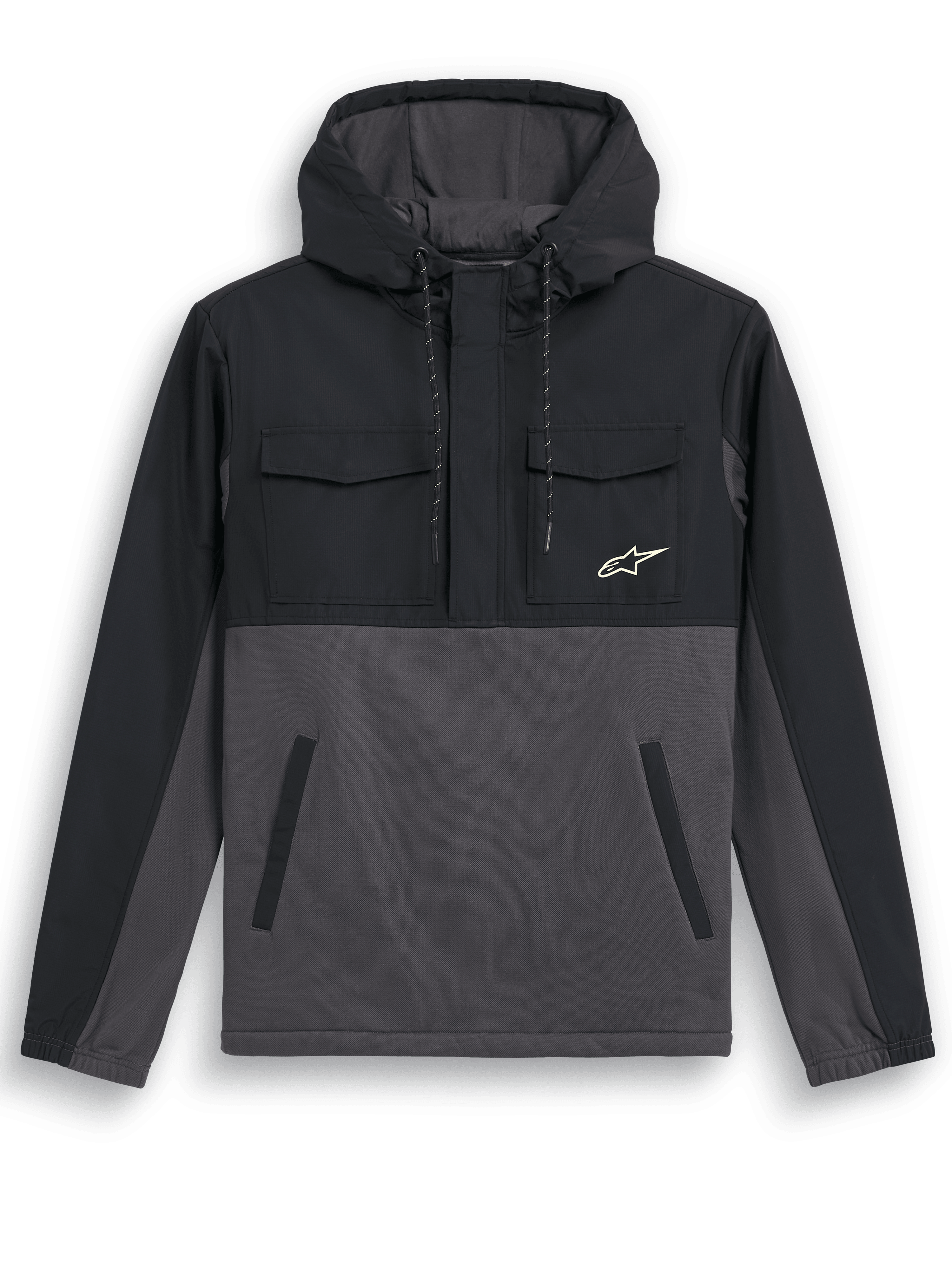 Kurtka Alpinestars Juncture Hybrid, anorak z kapturem, czarny i gunmetal, konstrukcja z mieszanych materiałów z nakładką ripstop na karczku i kapturze, korpus z polaru płóciennego, kieszenie na piersi z klapkami, dolne kieszenie wpuszczane, małe białe logo gwiazdy, casualowa kurtka inspirowana sportami motorowymi
