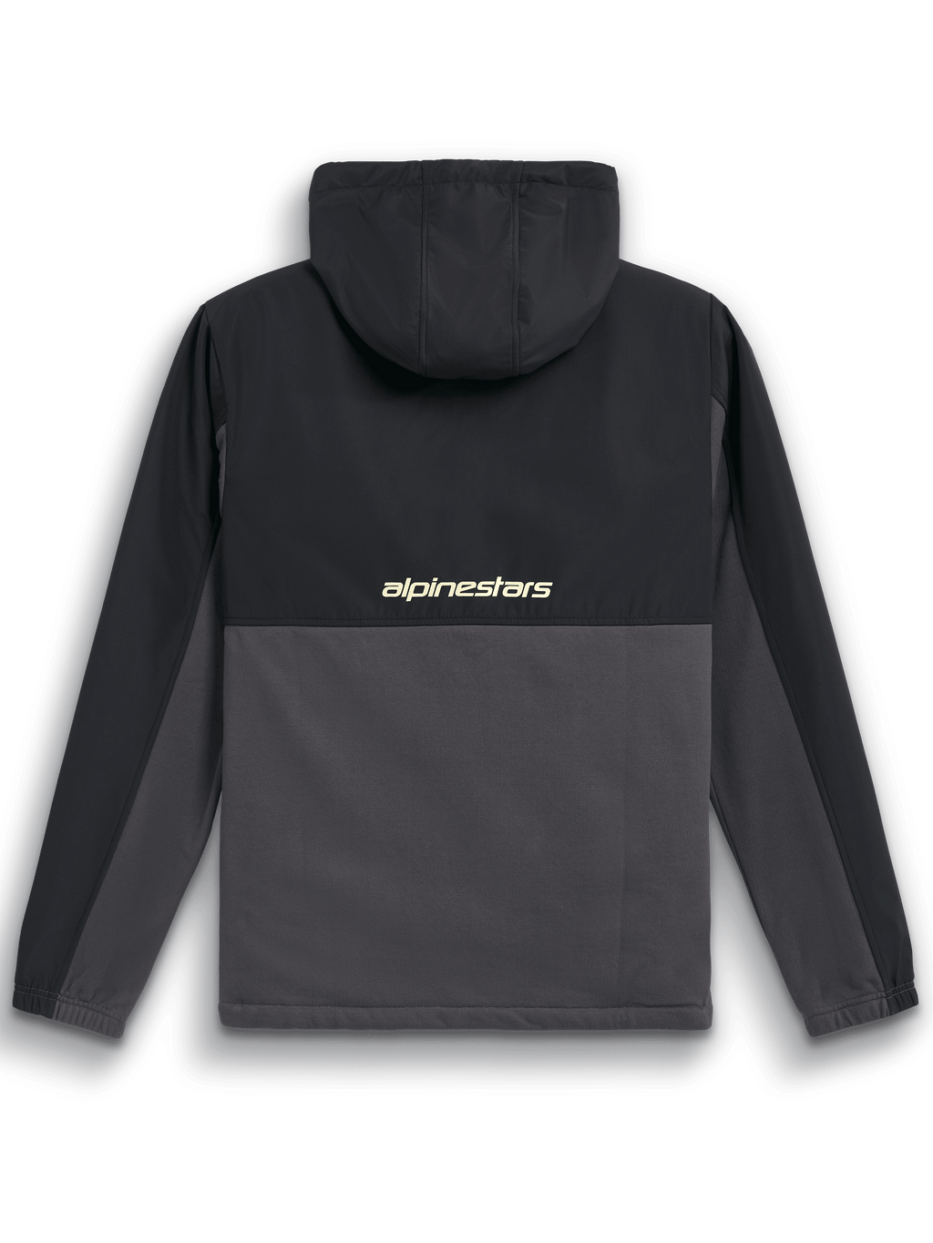 Alpinestars Juncture Hybrid Jacket, widok od tyłu, kolor czarny i grafitowy, anorak z mieszanych materiałów z karczkiem i kapturem ripstop, logo „alpinestars” na środku pleców, casualowy streetwear w stylu motorsport