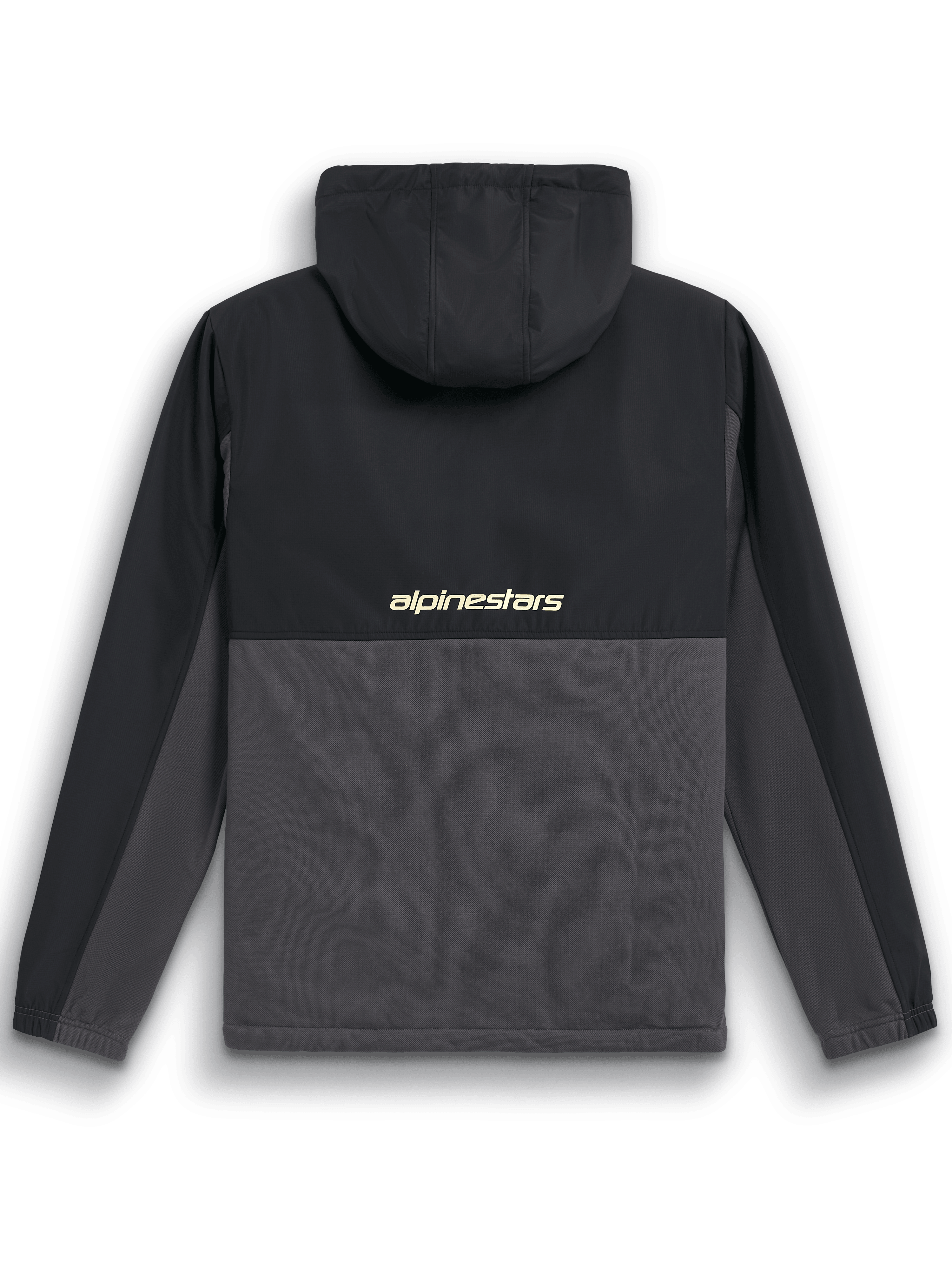 Alpinestars Juncture Hybrid Jacket, widok od tyłu, kolor czarny i grafitowy, anorak z mieszanych materiałów z karczkiem i kapturem ripstop, logo „alpinestars” na środku pleców, casualowy streetwear w stylu motorsport