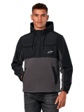 Alpinestars Juncture Hybrid Jacket, męska bluza z kapturem typu anorak, czarny i szary Gunmetal, dwukolorowy design z nakładkami ripstop i polarem płóciennym, kieszenie na piersi z białym logo gwiazdy i kaptur ze sznurkiem, codzienna odzież uliczna inspirowana sportami motorowymi