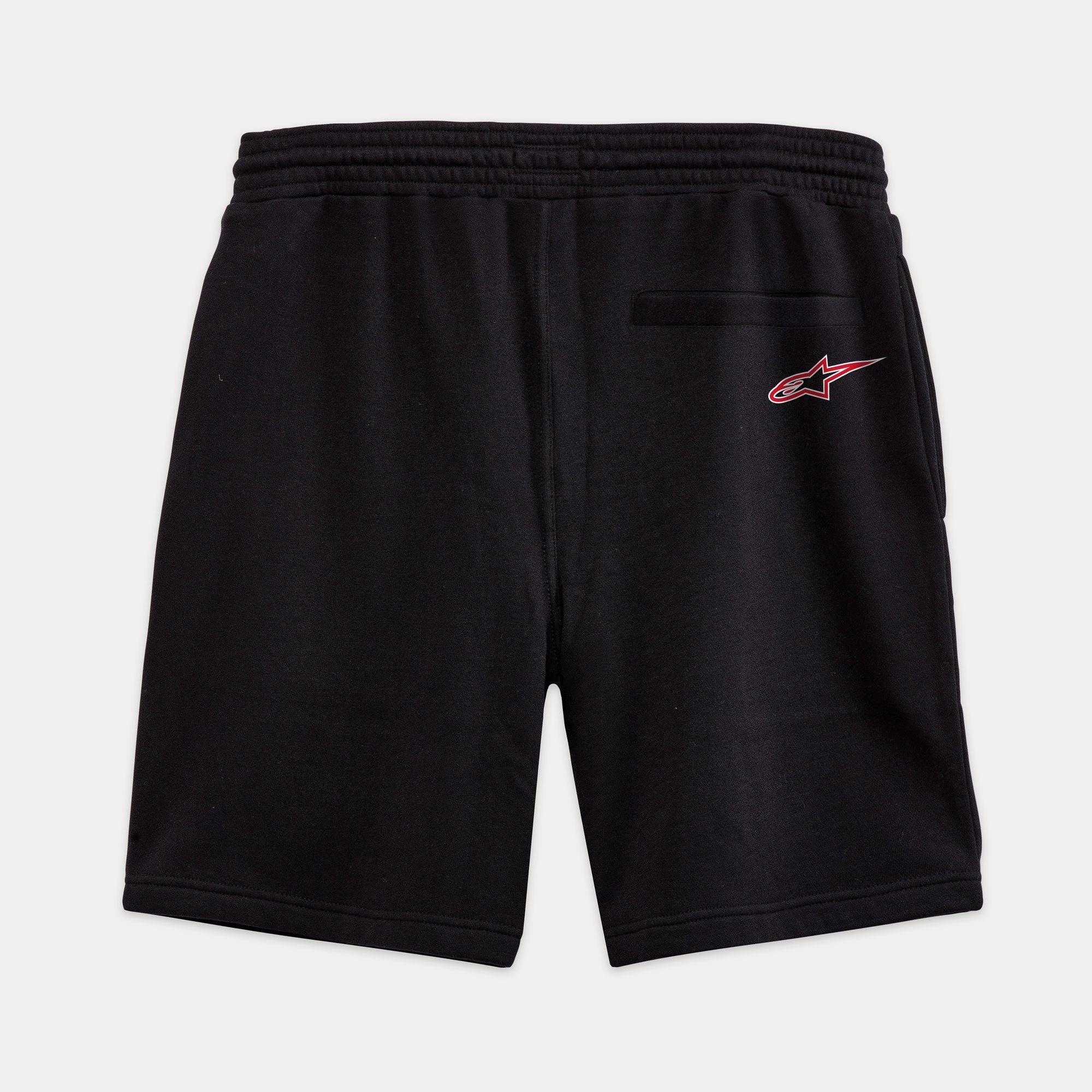 Alpinestars Dunker Short, czarne krótkie spodenki treningowe z polaru, widok z tyłu, czerwono-białe logo Ageless na prawym biodrze, tylna kieszeń i elastyczny pas