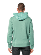 Alpinestars Rooted Hoodie, zielona, widok z tyłu na mężczyznę w casualowej bluzie z kapturem z dzianiny french terry, nakładany kaptur, ściągacze na mankietach i na dole, nowoczesny sportowy design