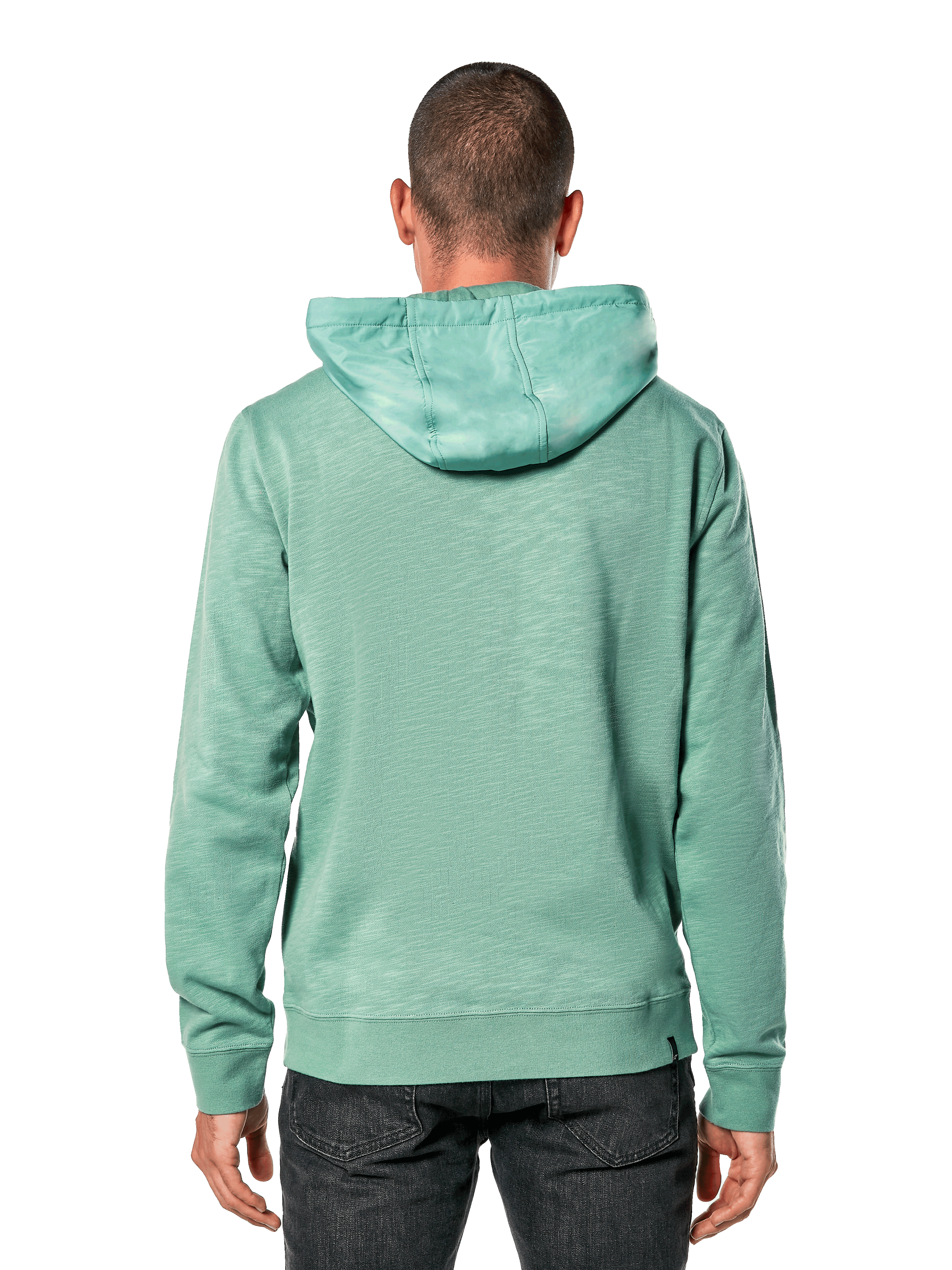 Alpinestars Rooted Hoodie, zielona, widok z tyłu na mężczyznę w casualowej bluzie z kapturem z dzianiny french terry, nakładany kaptur, ściągacze na mankietach i na dole, nowoczesny sportowy design