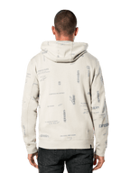 Alpinestars Plenitude Hoodie, widok z tyłu, kolor off-white z szarym nadrukiem na całej powierzchni przedstawiającym hasła i logo marki, codzienna odzież sportowa, ściągacze przy mankietach i na dole, bluza z kapturem do noszenia na co dzień