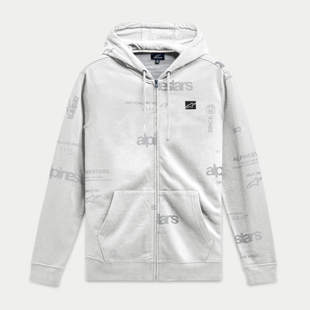 Alpinestars Plenitude Hoodie, rozpinana bluza polarowa, złamana biel z szarym nadrukiem logo na całej powierzchni, czarna naszywka z logo Ageless na piersi, kieszenie typu kangurka, kaptur ze sznurkiem, codzienna odzież streetwearowa inspirowana motorsportem
