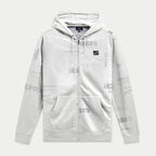 Alpinestars Plenitude Hoodie, rozpinana bluza polarowa, złamana biel z szarym nadrukiem logo na całej powierzchni, czarna naszywka z logo Ageless na piersi, kieszenie typu kangurka, kaptur ze sznurkiem, codzienna odzież streetwearowa inspirowana motorsportem