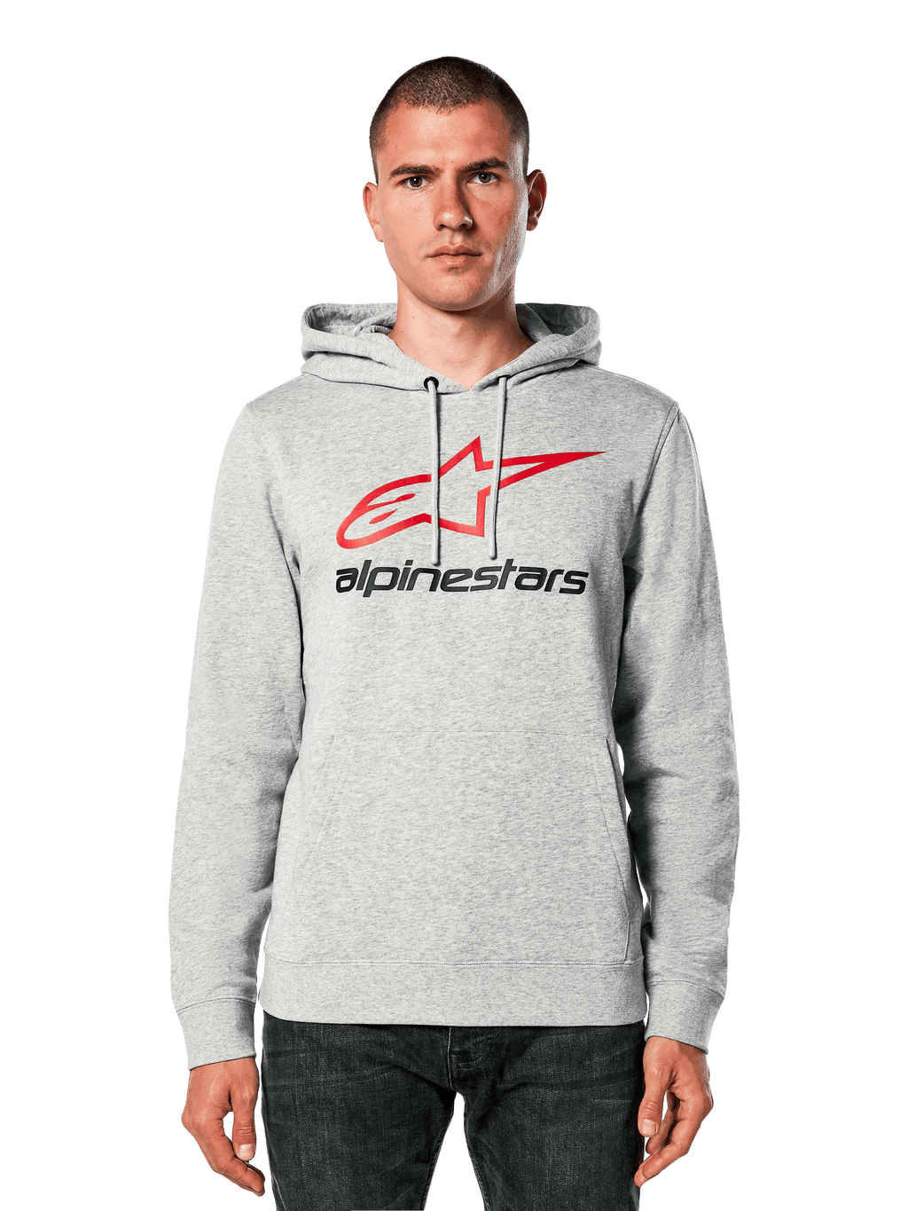 Alpinestars Always V3 Hoodie, jasnoszary melanż z czerwono-czarnym logo z gwiazdą, prezentowana przez modela, styl casual streetwear, kaptur ze sznurkami, przednia kieszeń kangurka, design inspirowany dziedzictwem sportów motorowych